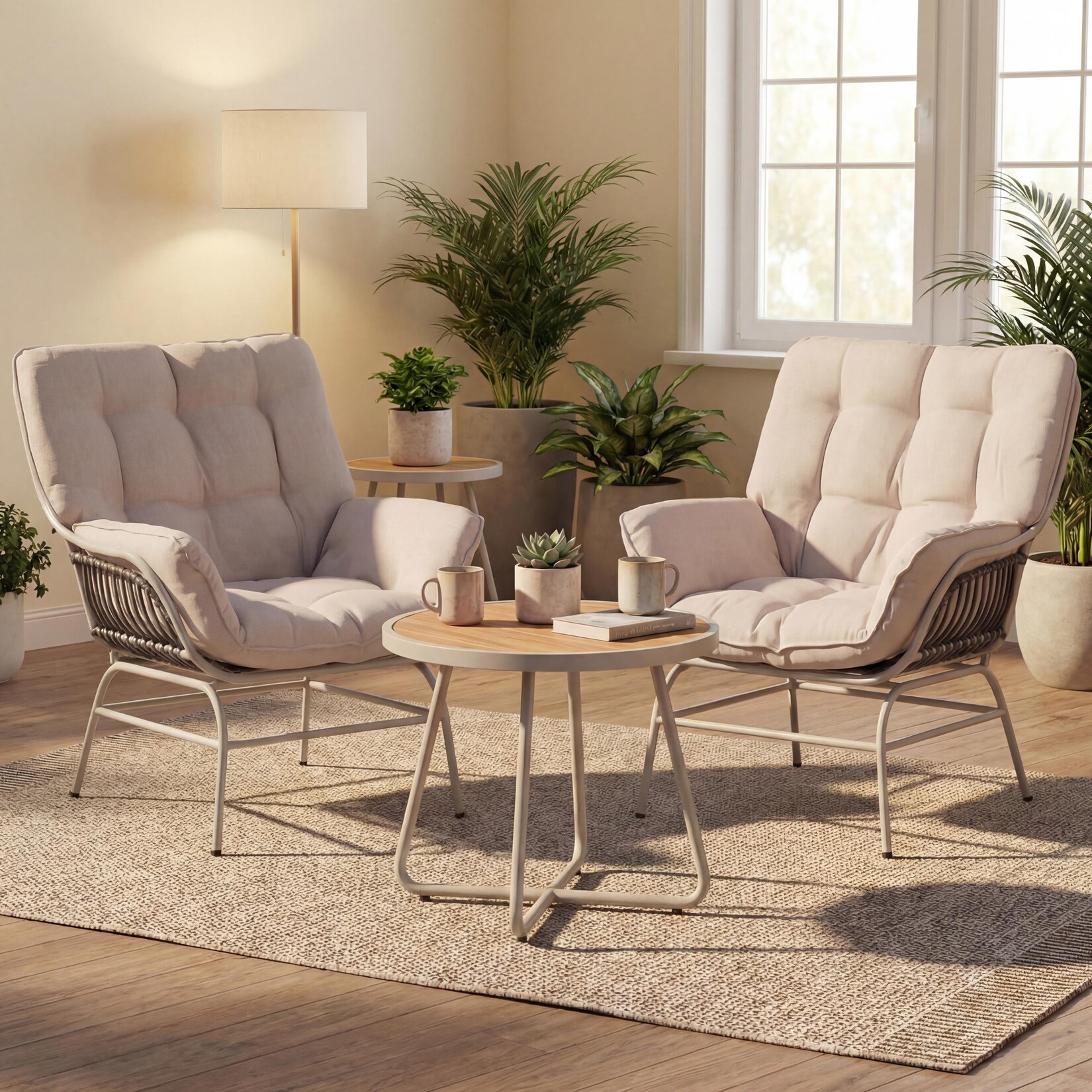 2er-Set Loungestuhl MCW-P75, Loungesessel Relaxstuhl, Stoff 220g/m² Poly-Rattan Metall ~ hellgrau, Polster beige