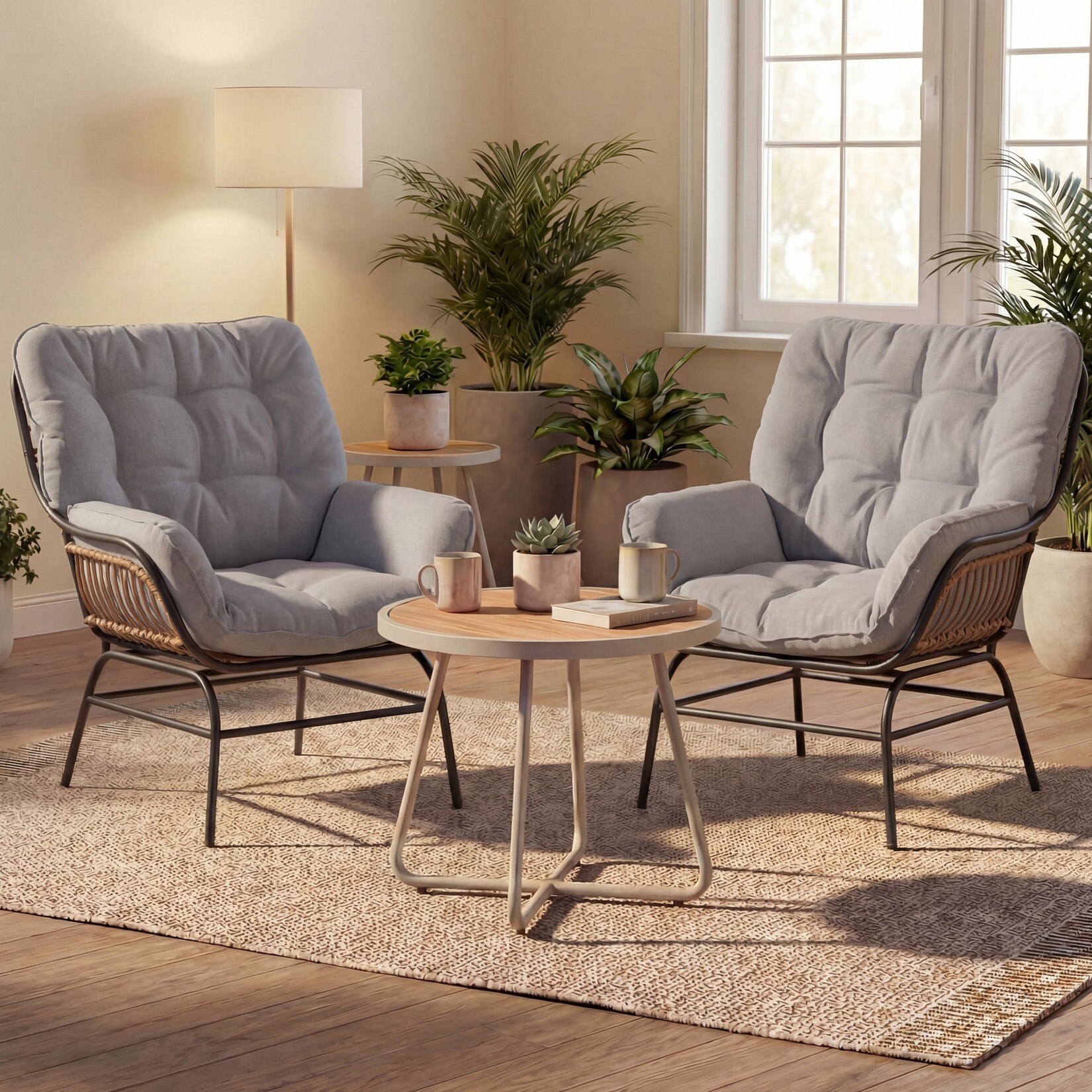 2er-Set Loungestuhl MCW-P75, Loungesessel Relaxstuhl, Stoff 220g/m² Poly-Rattan Metall ~ dunkelgrau, Polster hellgrau