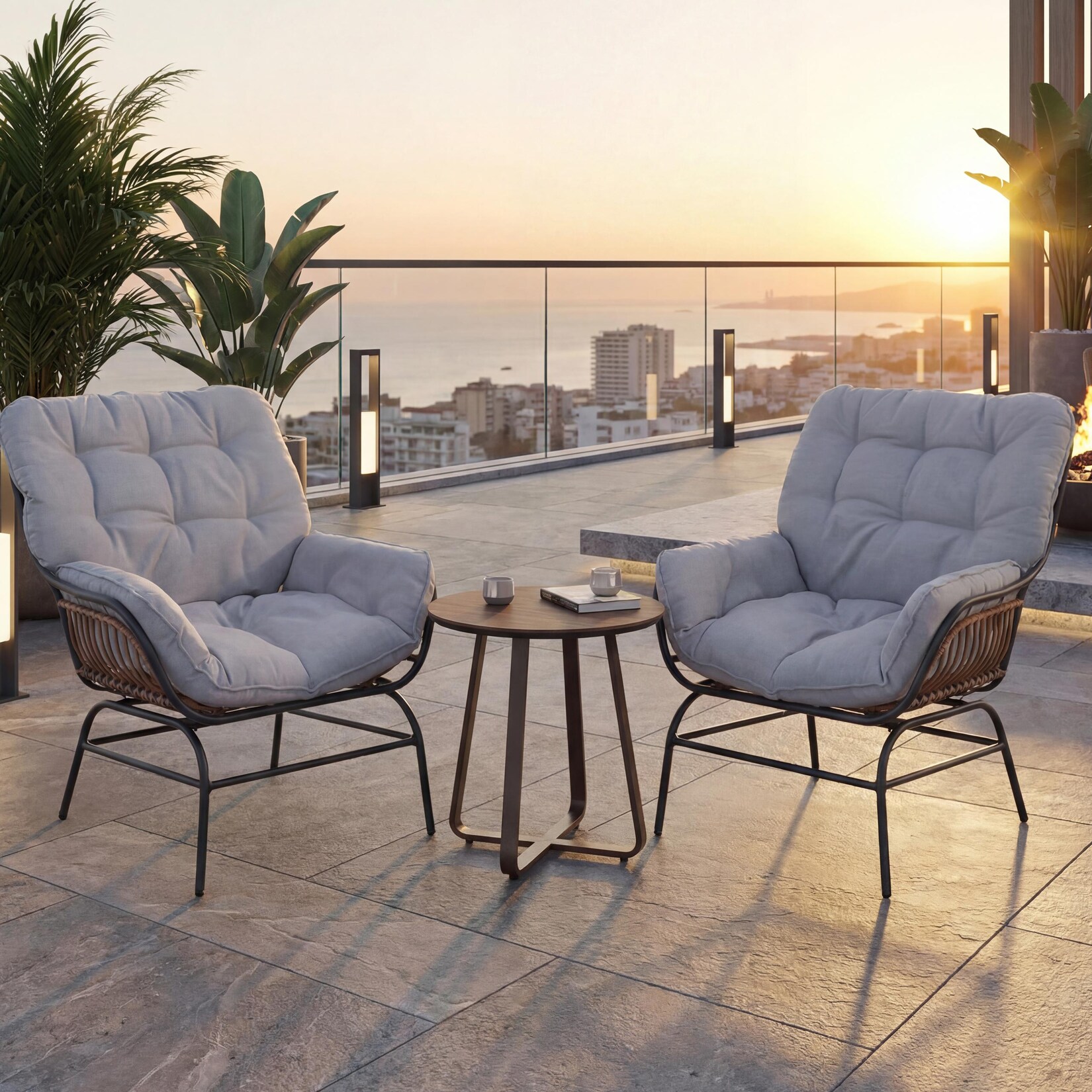2er-Set Gartenstuhl MCW-P75, Gartensessel Loungesessel, Stoff 220g/m² Poly-Rattan Metall ~ dunkelgrau, Polster hellgrau