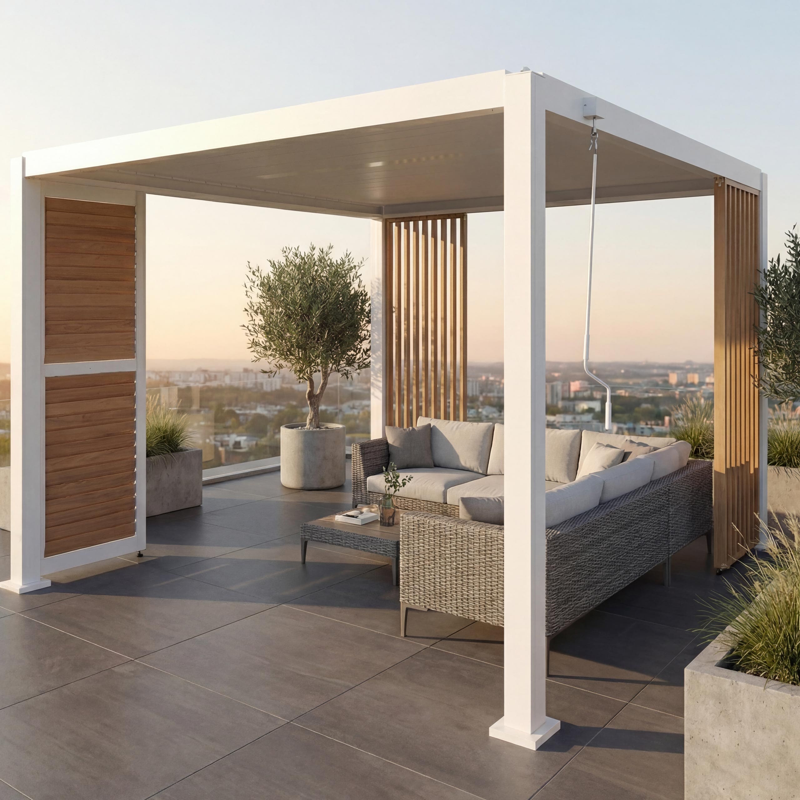 Pergola MCW-P65 mit 1x Lamellenwand und 2x Seitenwand, Lamellen-Pavillon, 10cm-Alu-Gestell 3x3m Holzoptik ~ wei&szlig; - Bild 1