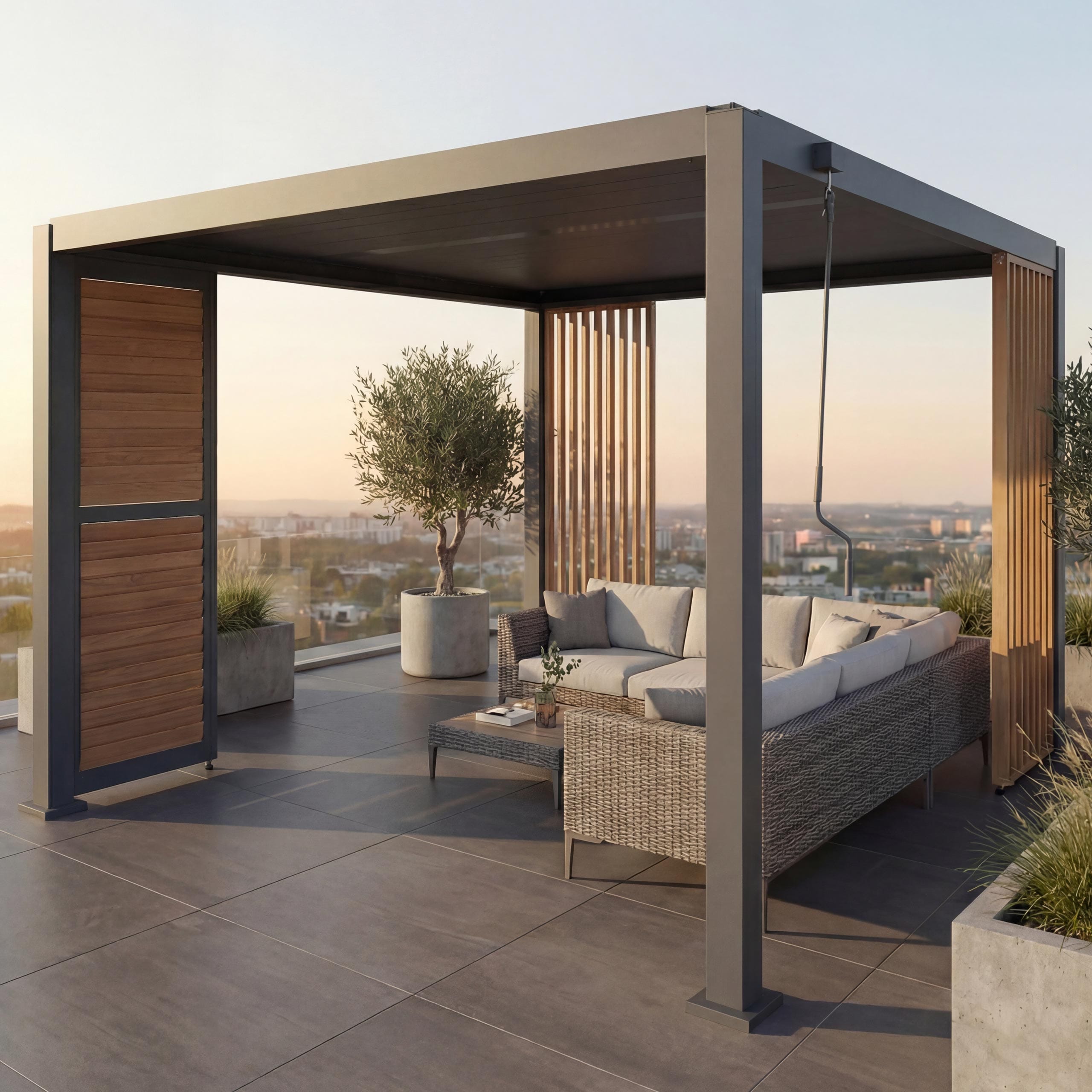 Pergola MCW-P65 mit 1x Lamellenwand und 2x Seitenwand, Lamellen-Pavillon, 10cm-Alu-Gestell 3x3m Holzoptik ~ anthrazit - Bild 1