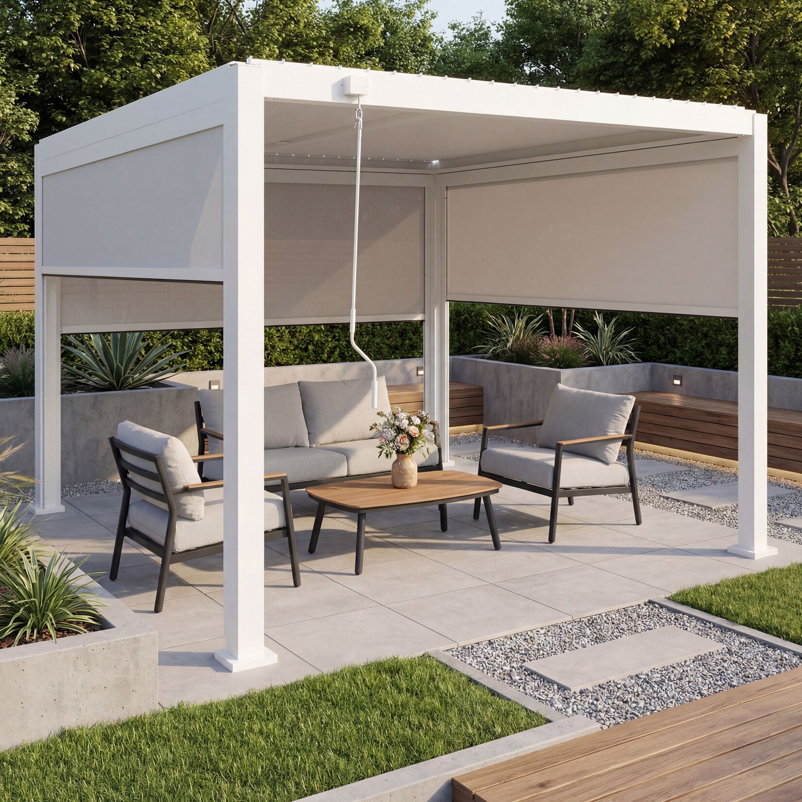 Pergola MCW-P65 mit 3x Seitenwand, Rollo Terrassenüberdachung Garten Lamellenpavillon, 10cm-Alu-Gestell 3x3m ~ weiß