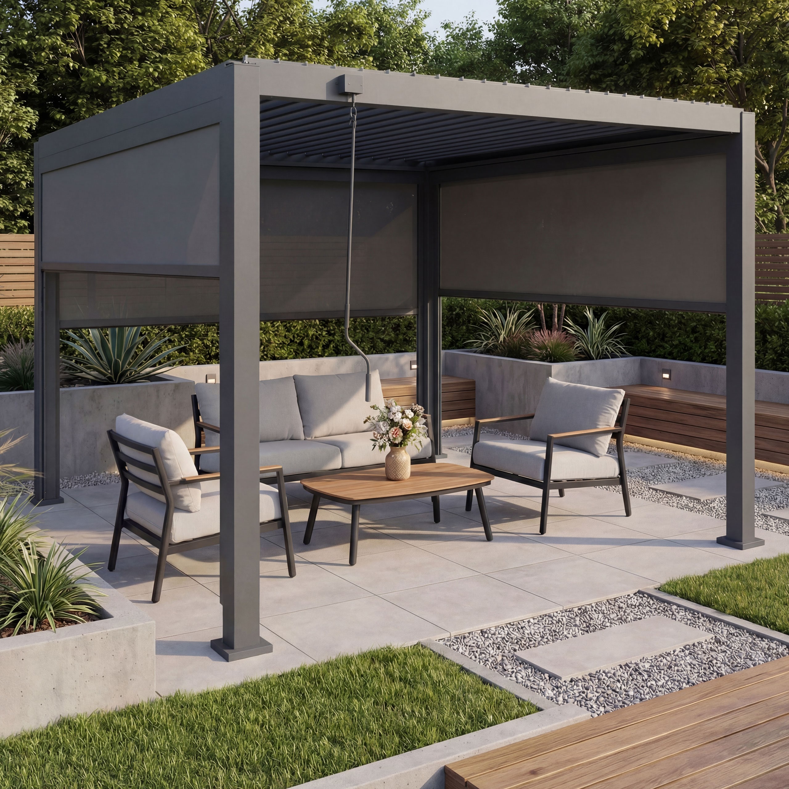 Pergola MCW-P65 mit 3x Seitenwand, Rollo Terrassen&uuml;berdachung Garten Lamellenpavillon, 10cm-Alu-Gestell 3x3m ~ anthrazit - Bild 1
