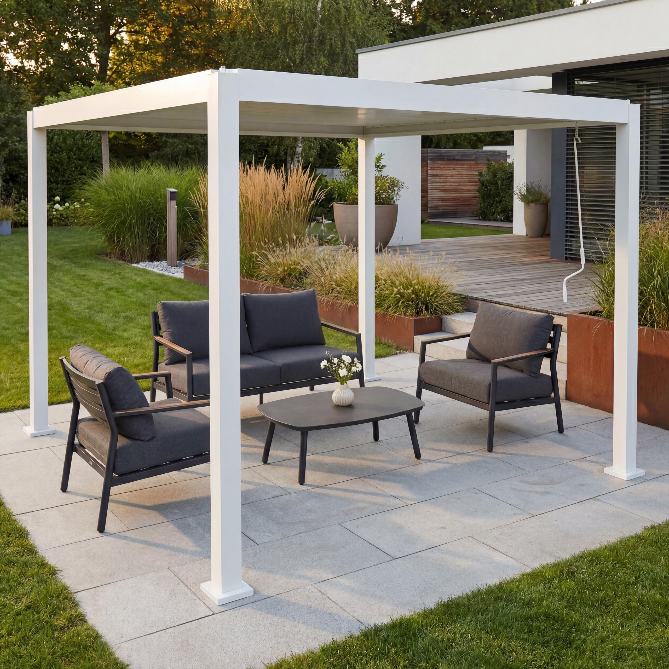 Pergola MCW-P65, Terrassen&uuml;berdachung Gartenpavillon Lamellen-Pavillon, 10cm-Aluminium-Gestell 3x3m ~ wei&szlig; - Bild 1