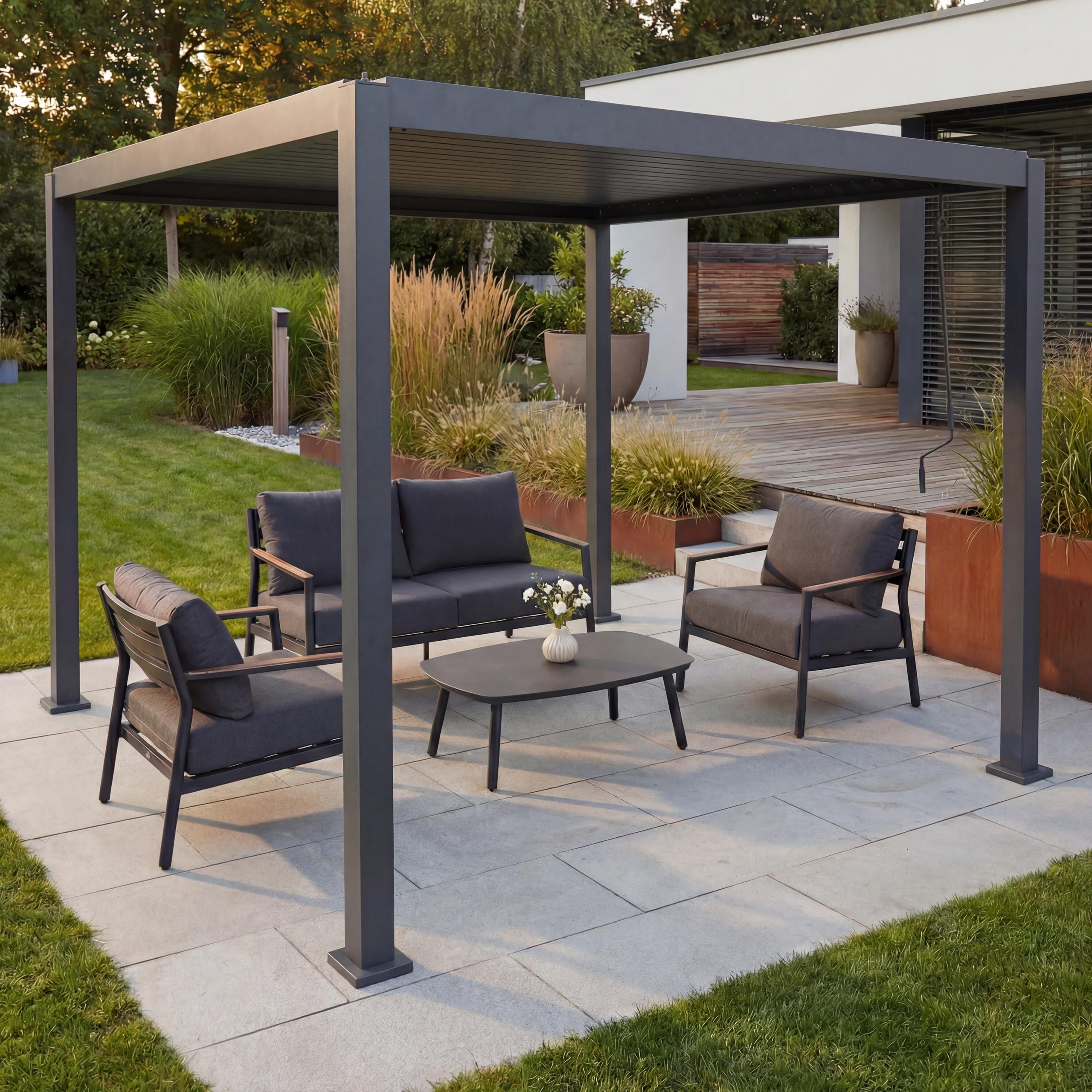 Pergola MCW-P65, Terrassen&uuml;berdachung Gartenpavillon Lamellen-Pavillon, 10cm-Aluminium-Gestell 3x3m ~ anthrazit - Bild 1