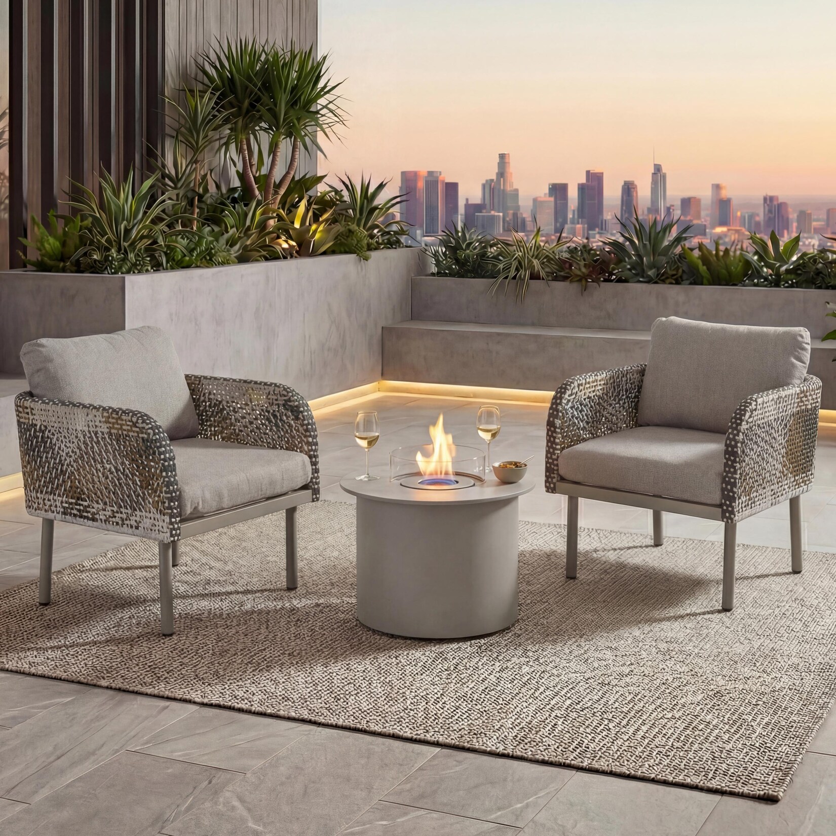 Poly-Rattan Garnitur MCW-P80, Lounge-Set Garten Stuhl, Tischkamin Bioethanol-Fire-Pit Alu Stoff 220g/m² ~ creme-beige