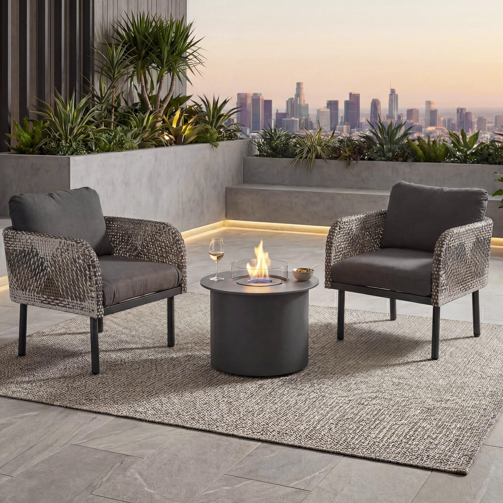 Poly-Rattan Garnitur MCW-P80, Lounge-Set Garten Stuhl, Tischkamin Bioethanol-Fire-Pit Alu Stoff 220g/m² ~ dunkelgrau