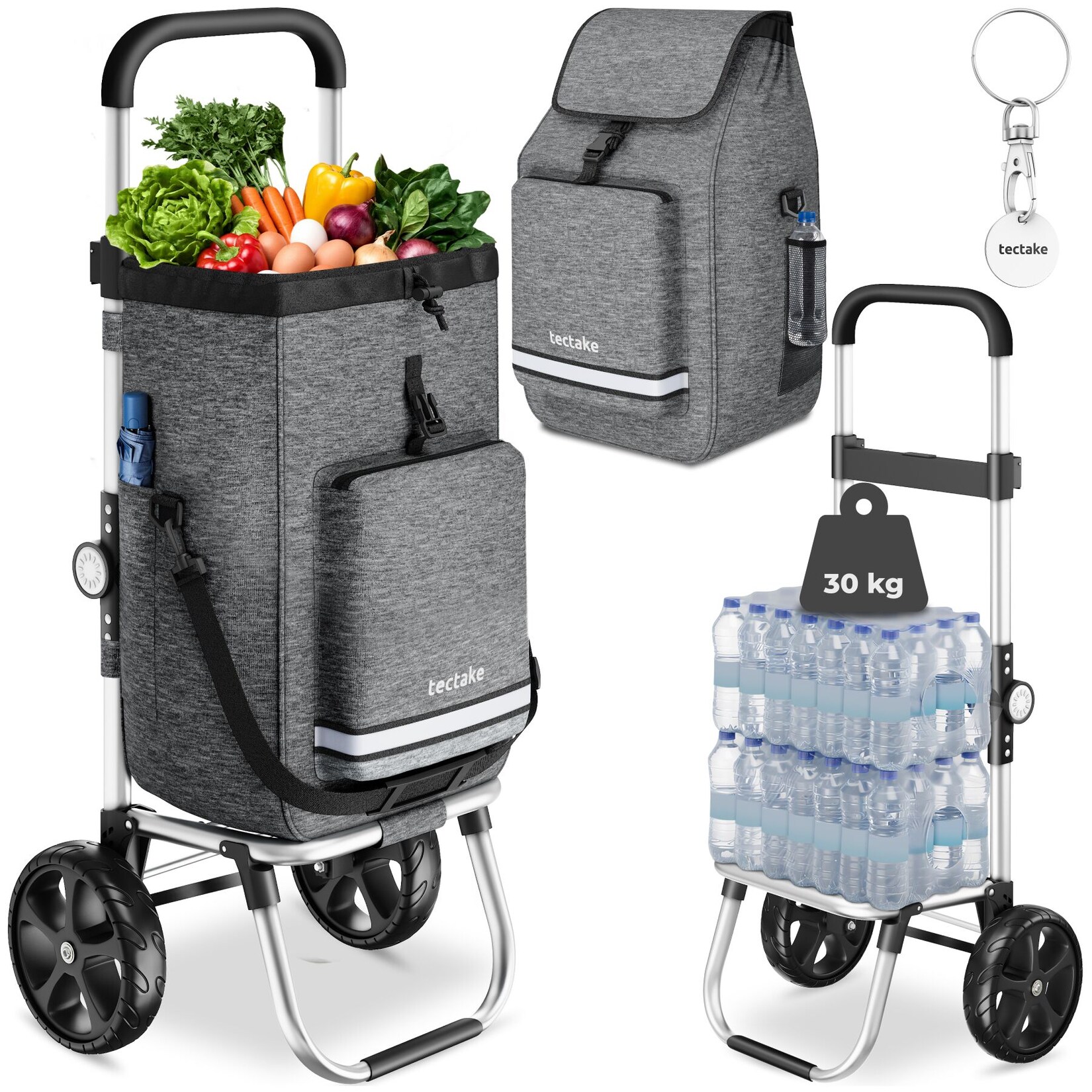 tectake® Einkaufstrolley, 3-in-1, Nutzung auch als Umhängetasche und Sackkarre, 56 l, längenverstellbarer Gurt, höhenverstellbarer und gepolsterter Griff, inkl. Kühltasche und leichtgängige Profilräder