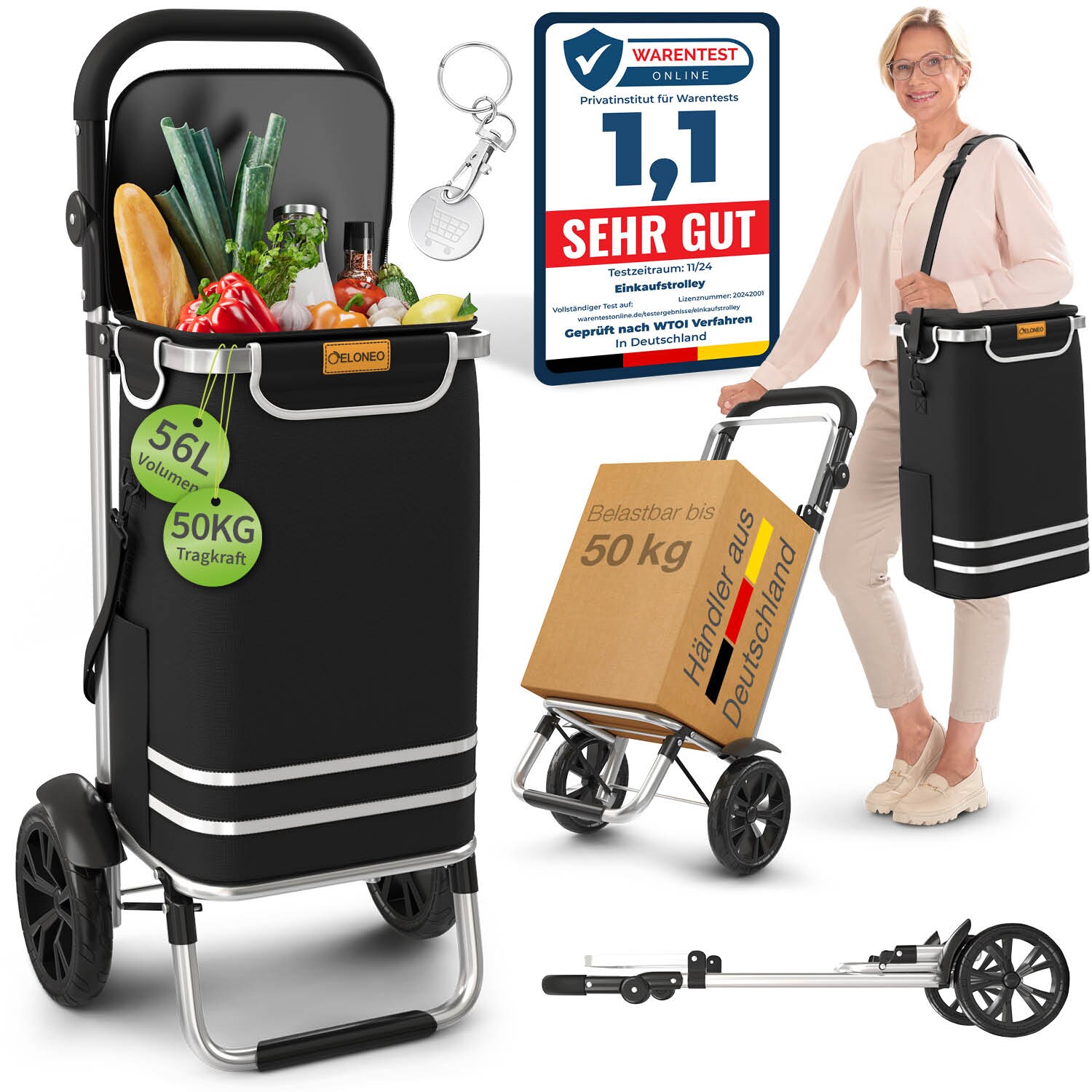 ELONEO Einkaufstrolley klappbar, Einkaufswagen mit Kühlfach, 3in1 Trolley, Shopping Trolley 56L & Umhängetasche - Schwarz