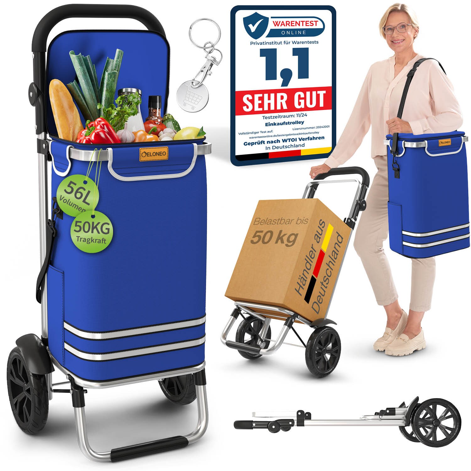 ELONEO Einkaufstrolley klappbar, Einkaufswagen mit Kühlfach, 3in1 Trolley, Shopping Trolley 56L & Umhängetasche - Blau