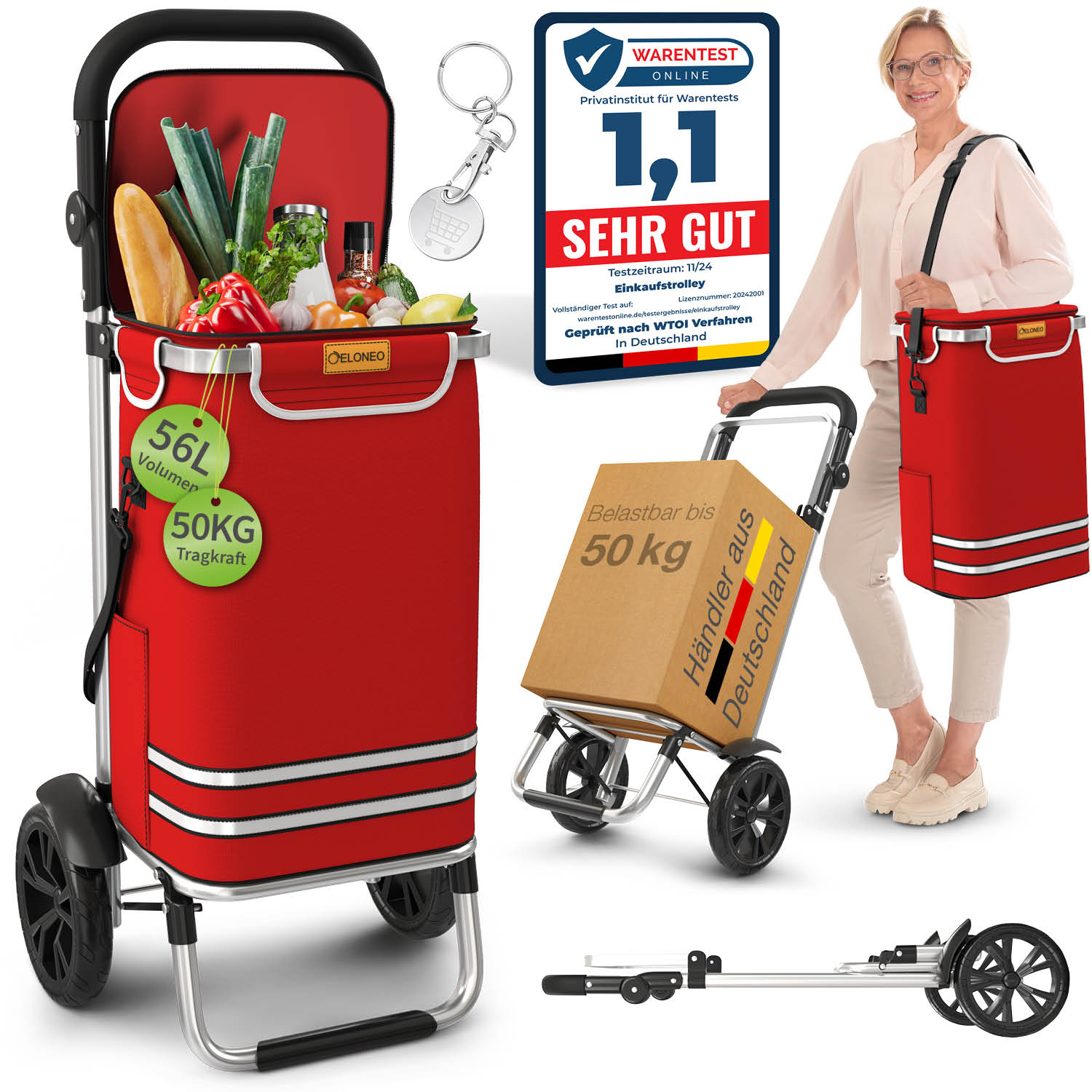 ELONEO Einkaufstrolley klappbar, Einkaufswagen mit K&uuml;hlfach, 3in1 Trolley, Shopping Trolley 56L & Umh&auml;ngetasche - Rot - Bild 1
