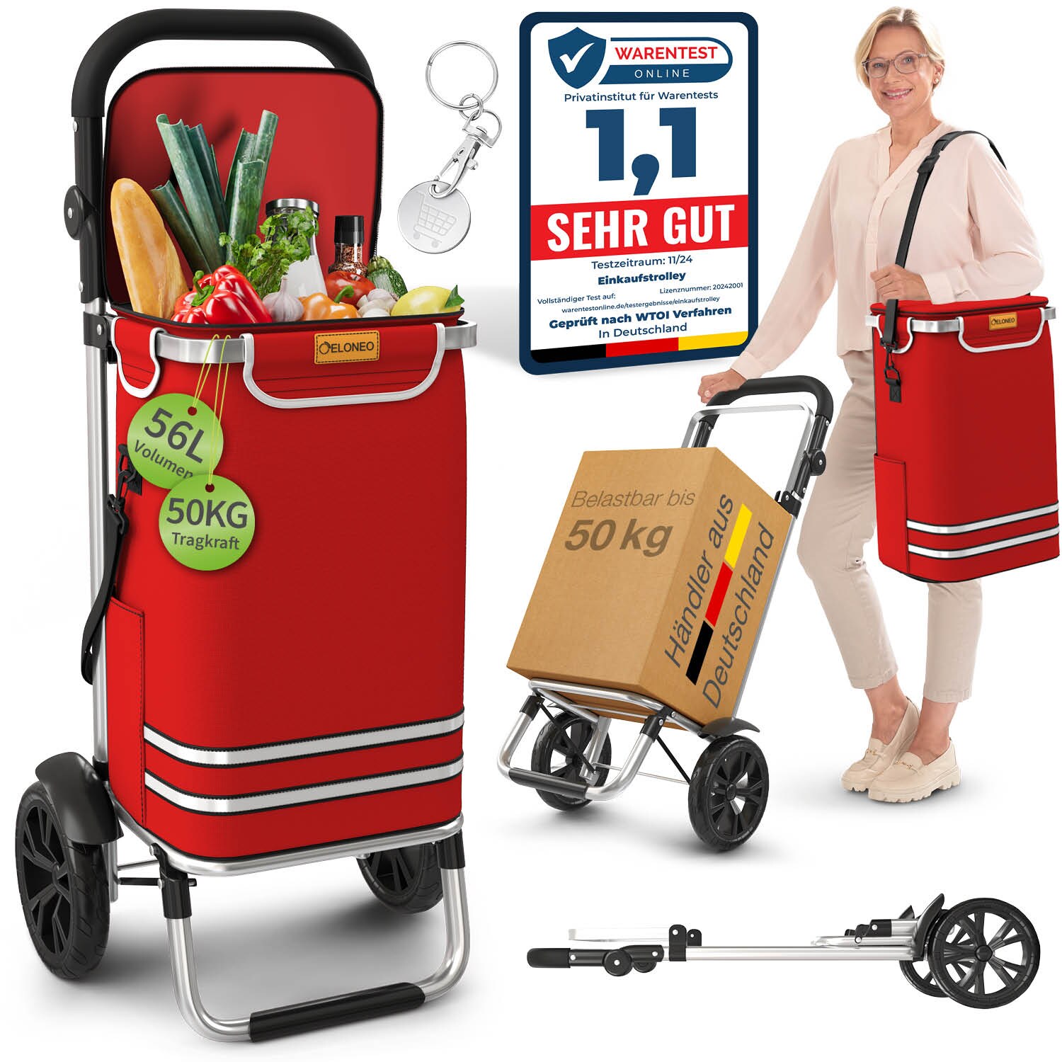 ELONEO Einkaufstrolley klappbar, Einkaufswagen mit Kühlfach, 3in1 Trolley, Shopping Trolley 56L & Umhängetasche - Rot