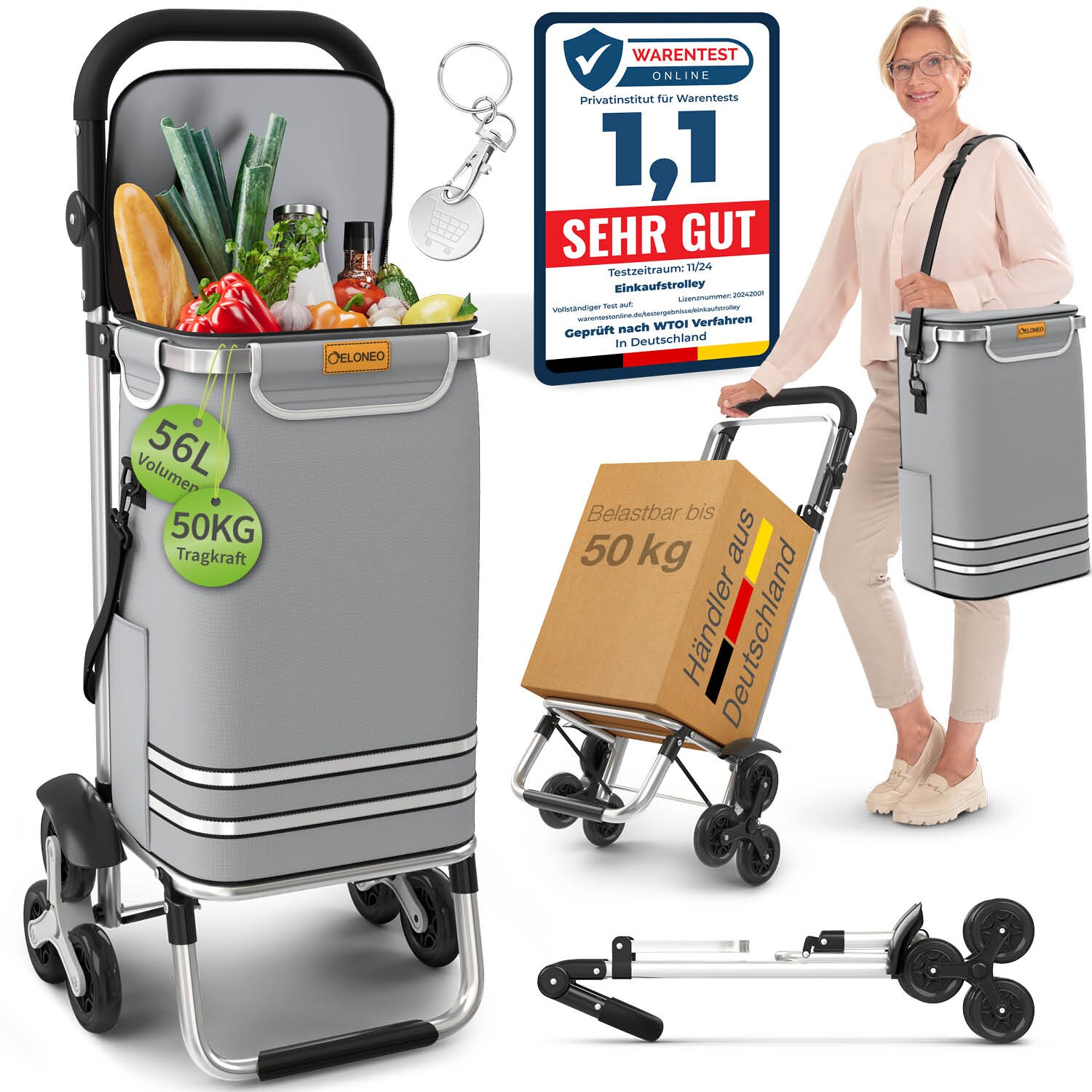 ELONEO Einkaufstrolley Treppensteiger mit Kühlfach, Einkaufsroller klappbar, Shopping Trolley 56 L - Grau