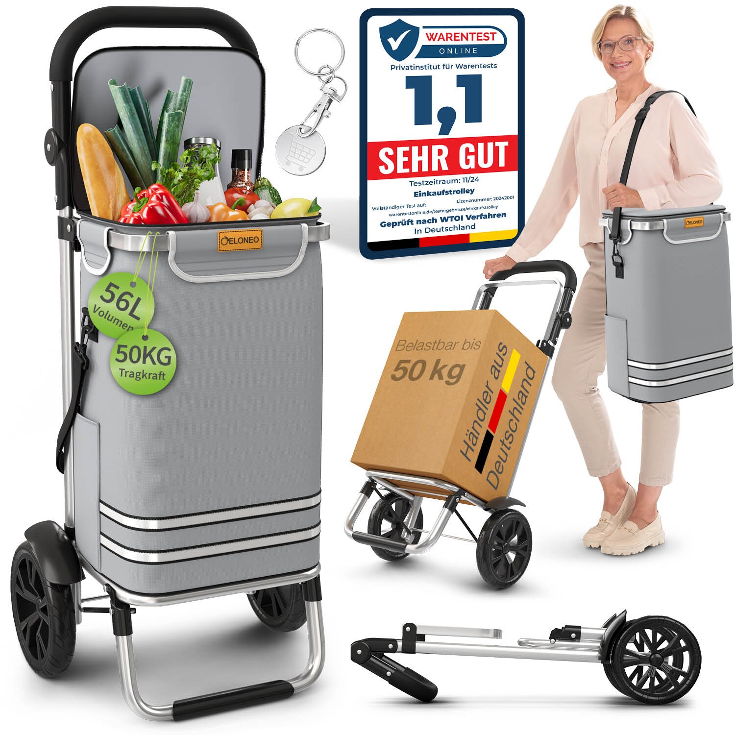 ELONEO Einkaufstrolley klappbar, Einkaufswagen mit Kühlfach, 3in1 Trolley, Shopping Trolley 56L & Umhängetasche - Grau