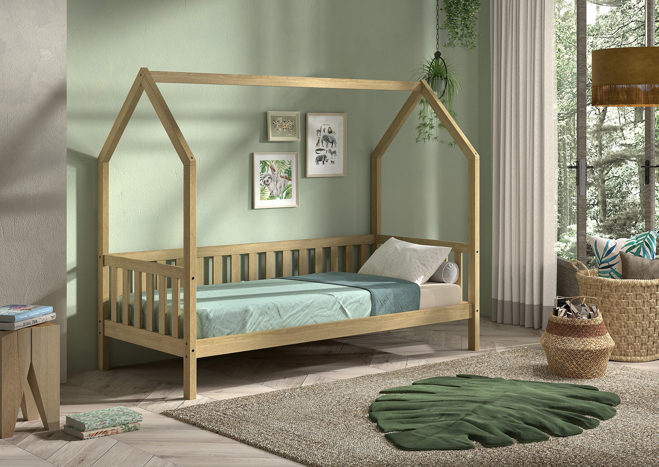 CABANE Hausbett 90x200 cm und seitlicher Umrandung, Eiche massiv Eiche natur - Bild 1