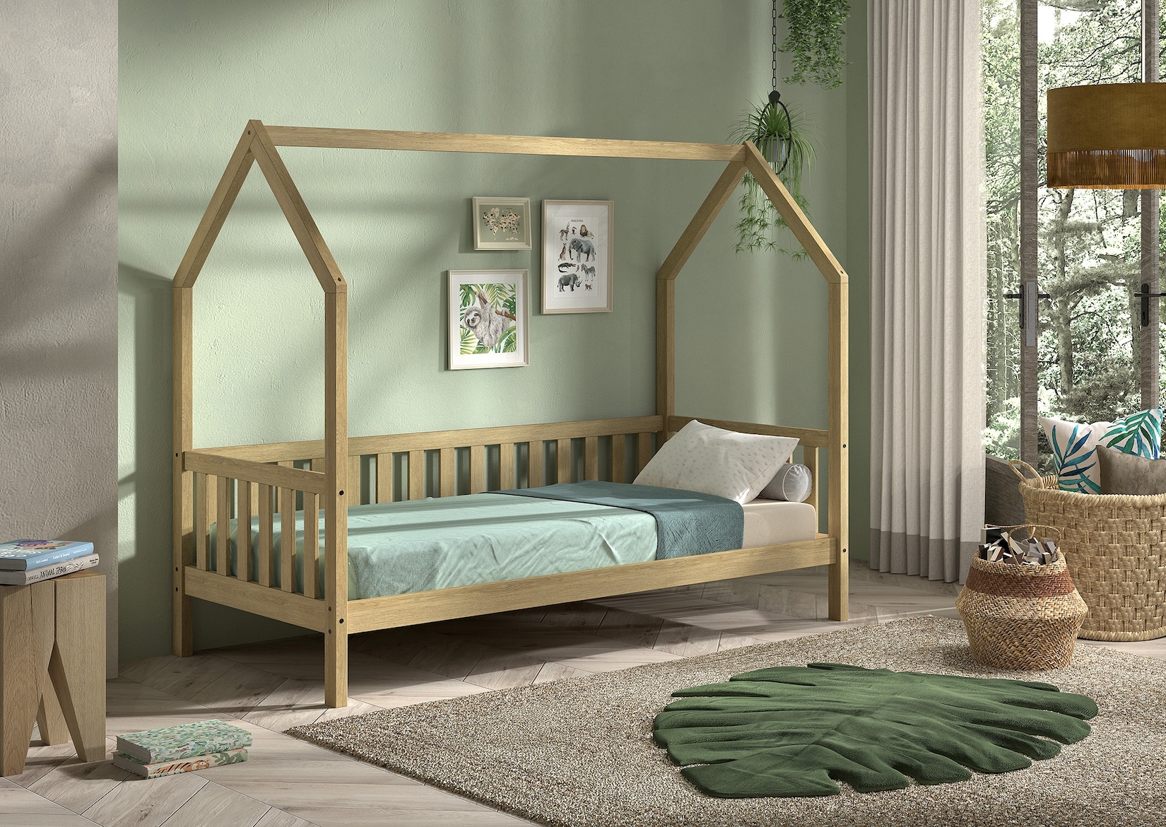 CABANE Hausbett 90x200 cm und seitlicher Umrandung, Eiche massiv Eiche natur