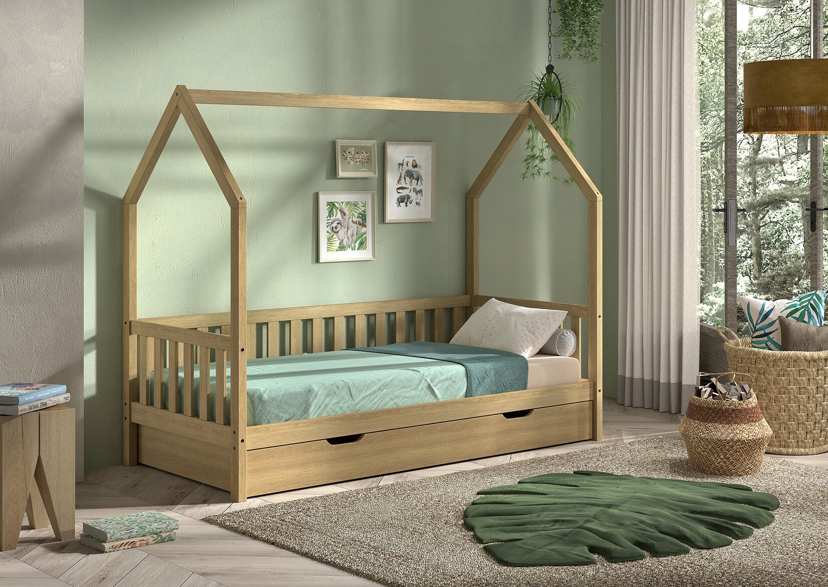 CABANE Hausbett 90x200 cm, seitlicher Umrandung, Bettschublade, Eiche massiv natur