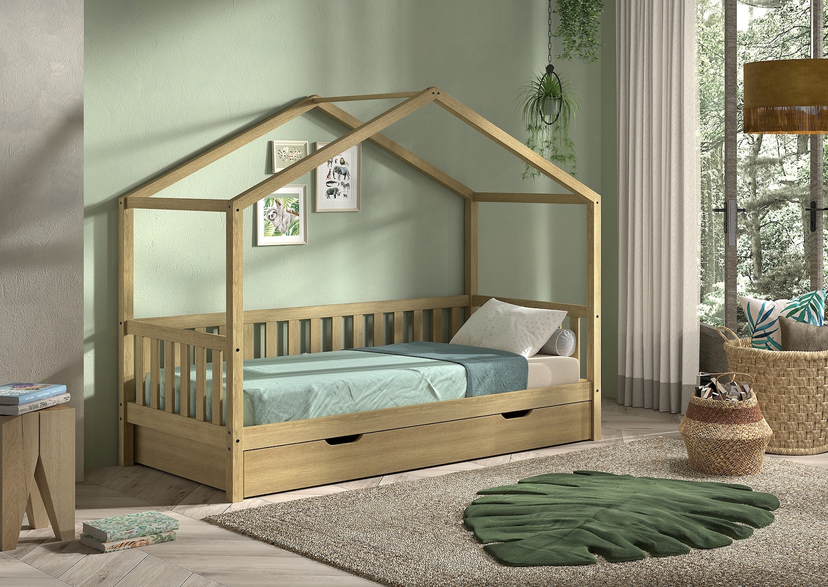 Dallas 1 Hausbett mit seitlicher Umrandung 90 x 200 cm Liegefläche und Bettschublade, Eiche Natur