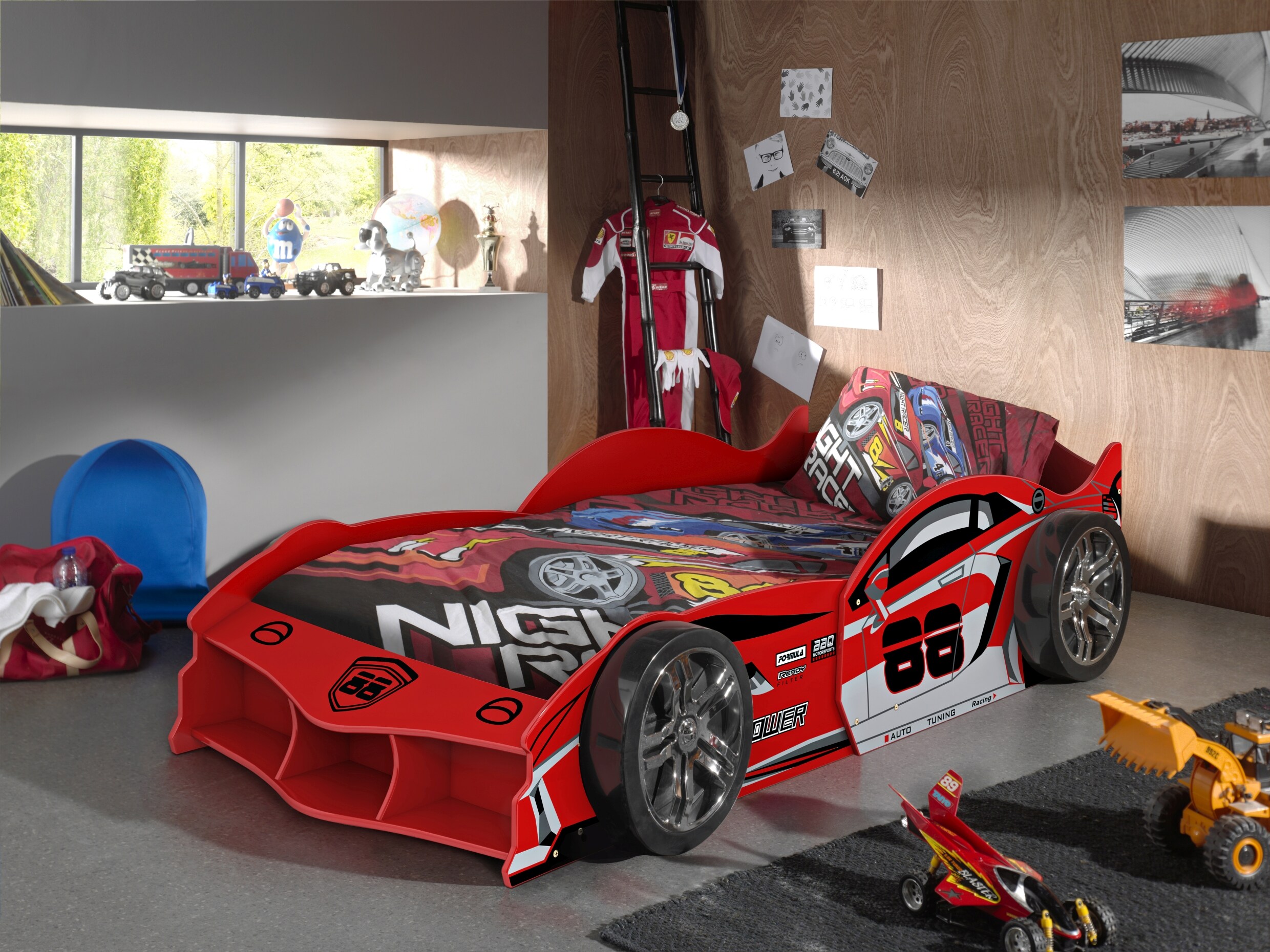 MAX Autobett 90x200 cm, inkl. Lattenrost, Ausf. MDF gl&auml;nzend rot lackiert mit Racing Motiven - Bild 1