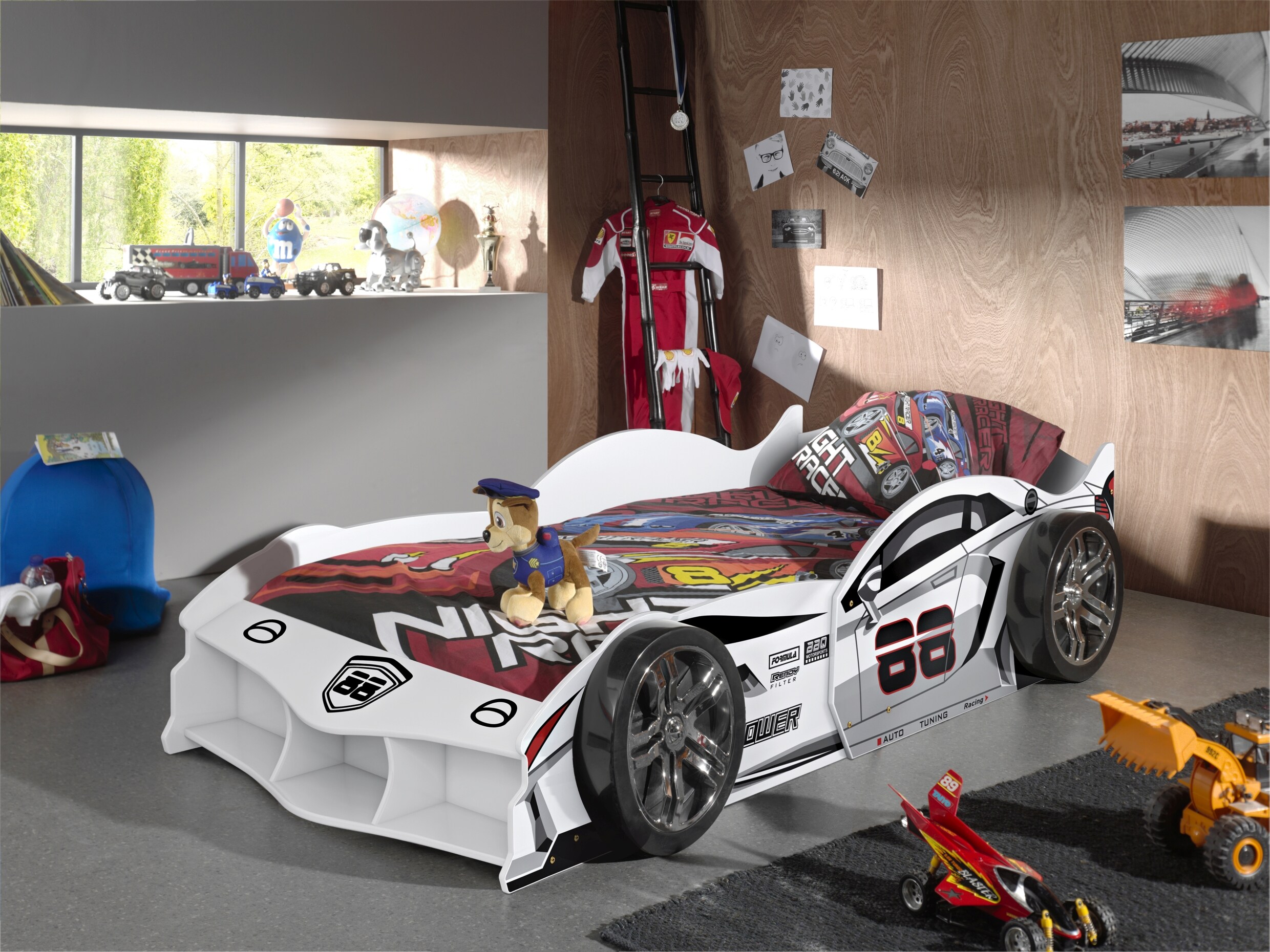 MAX Autobett 90x200 cm, inkl. Lattenrost, Ausf. MDF gl&auml;nzend wei&szlig; lackiert mit Racing Motiven - Bild 1
