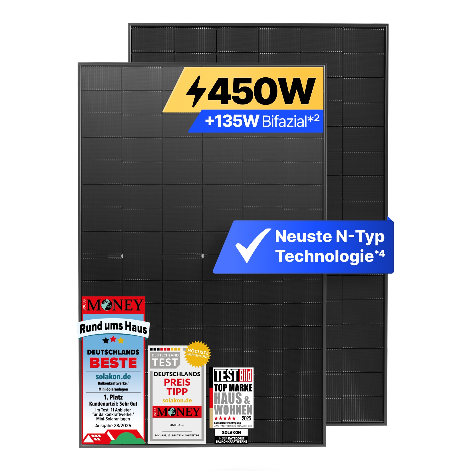 Solakon Solarmodul 450W, N-Type bifaziales monokristallines Glas-Glas Solarpanel, 40v Photovoltaik Solarmodule/Solar Module f&uuml;r Balkonkraftwerk/Solaranlage, Solar Panel f&uuml;r Photovoltaik Komplettanlage (1 Stk) - Bild 1