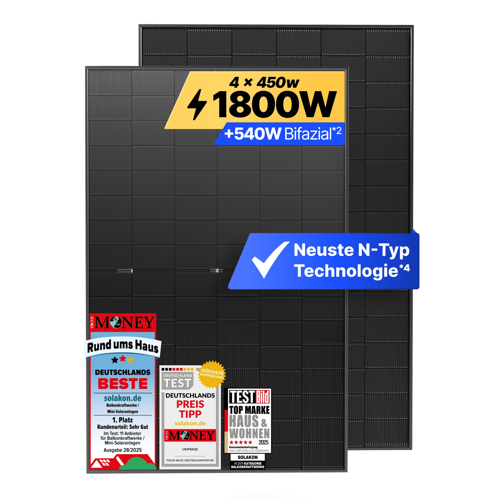 Solakon Solarmodul 450W, N-Type bifaziales monokristallines Glas-Glas Solarpanel, 40v Photovoltaik Solarmodule/Solar Module f&uuml;r Balkonkraftwerk/Solaranlage, Solar Panel f&uuml;r Photovoltaik Komplettanlage (4 Stk) - Bild 1