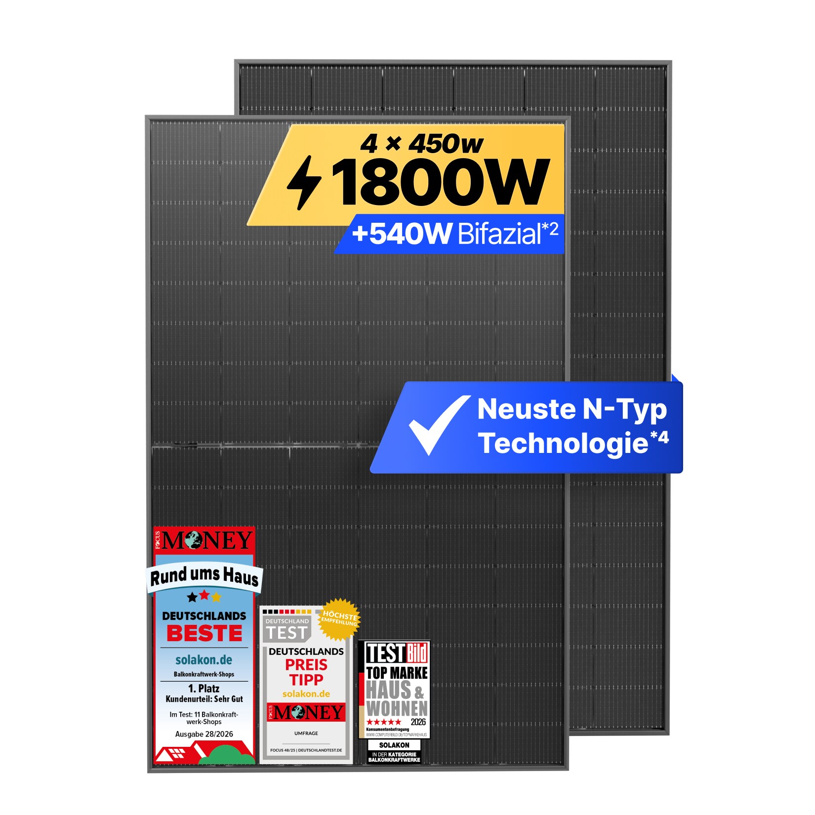 Solakon Solarmodul 450W, N-Type bifaziales monokristallines Glas-Glas Solarpanel, 40v Photovoltaik Solarmodule/Solar Module für Balkonkraftwerk/Solaranlage, Solar Panel für Photovoltaik Komplettanlage (4 Stk)