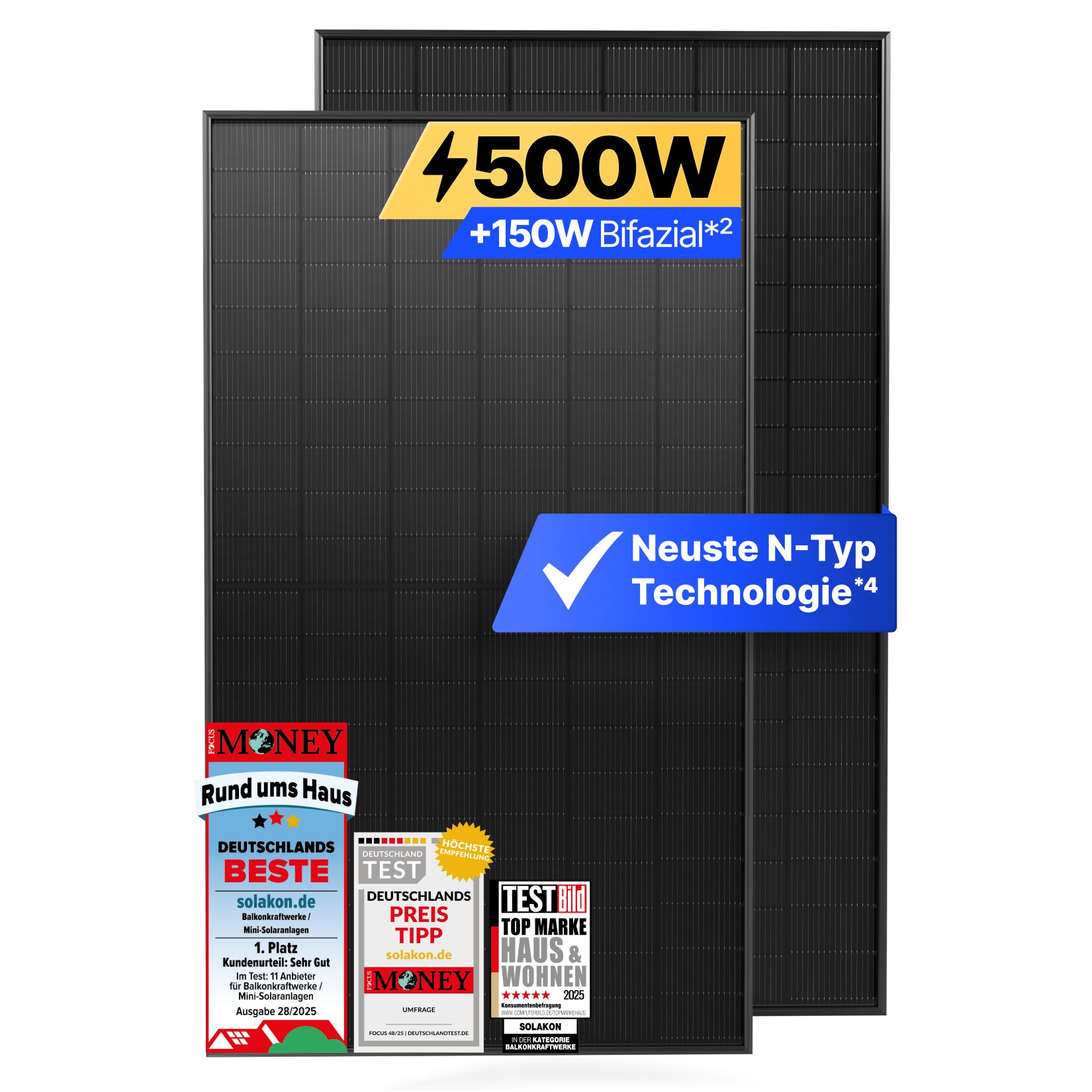 Solakon Solarmodul 500W, N-Type bifaziales monokristallines Glas-Glas Solarpanel, 40v Photovoltaik Solarmodule/Solar Module für Balkonkraftwerk/Solaranlage, Solar Panel für Photovoltaik Komplettanlage (1 Stk)