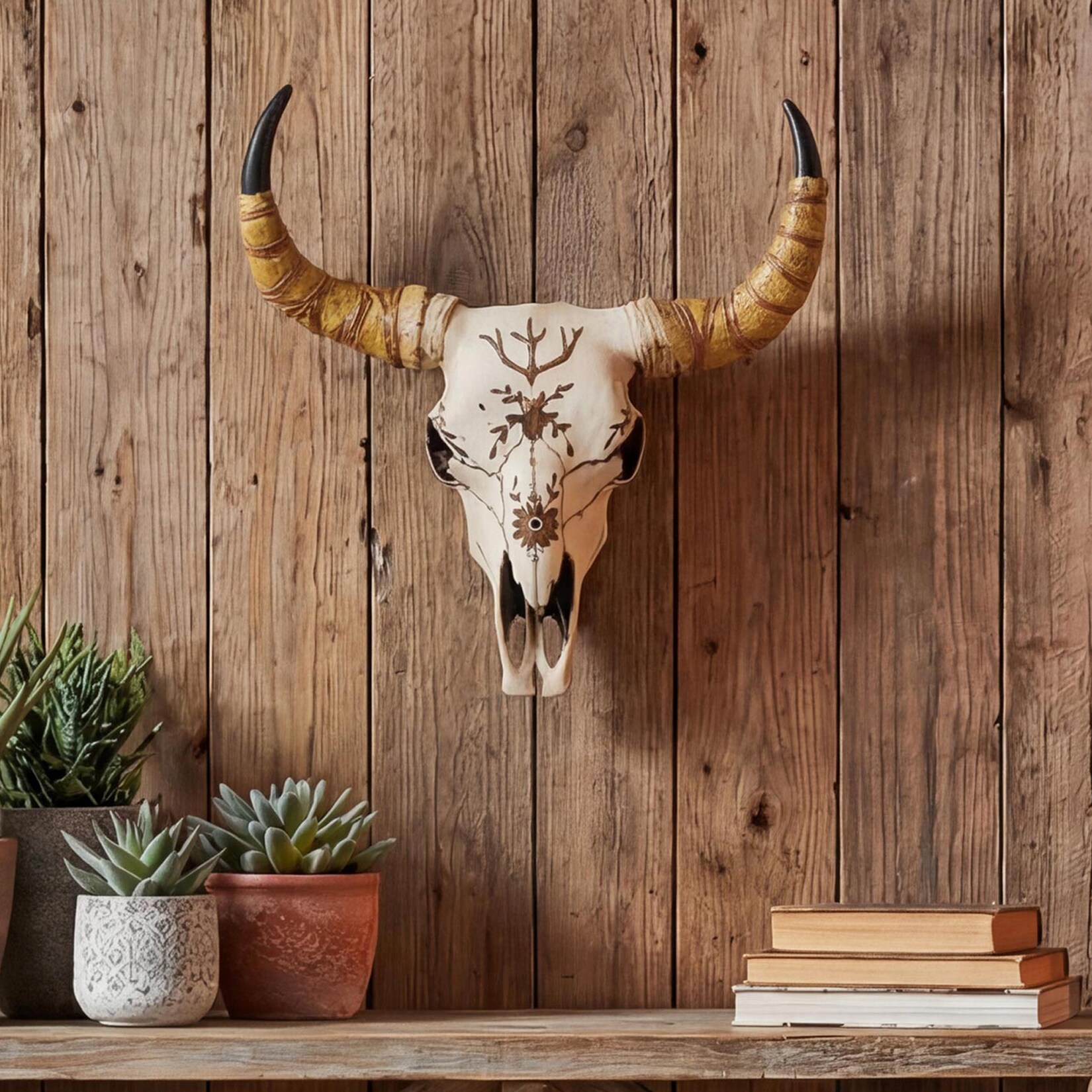 Deko Schädel MCW-Q11, Polyresin Stier Bulle Longhorn Kopf Trophäe mit Verzierung, In-/Outdoor 41cm