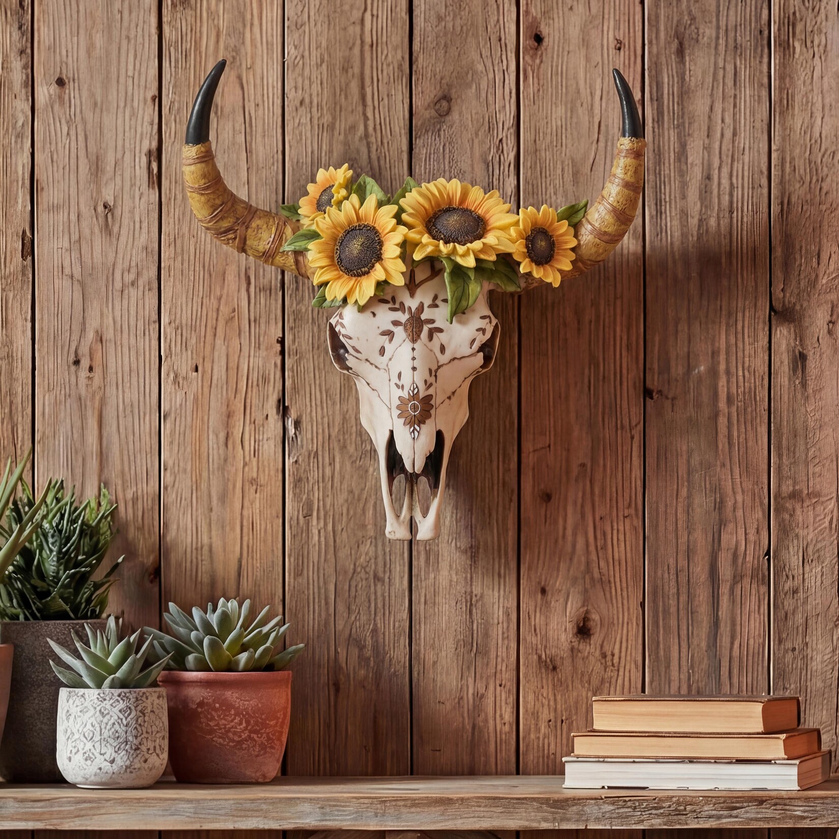Deko Schädel MCW-Q10, Polyresin Stier Bulle Longhorn Kopf Trophäe mit Verzierung Sonnenblume, In-/Outdoor 42cm