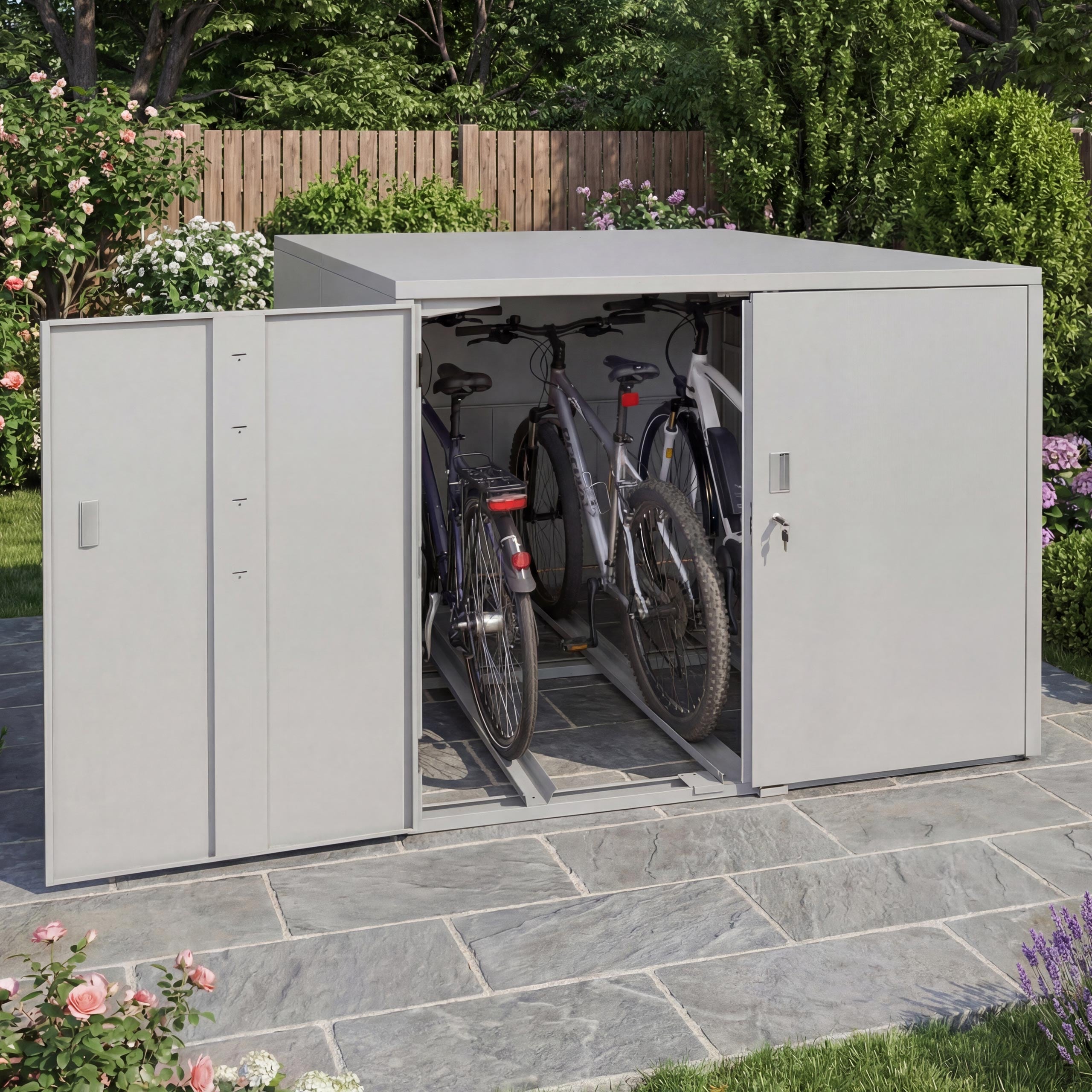 3er-Fahrradgarage MCW-P93, Fahrradunterstand Fahrradbox&nbsp;Bikebox, abschlie&szlig;bar verzinkter Stahl 124x148x208cm ~ hellgrau - Bild 1