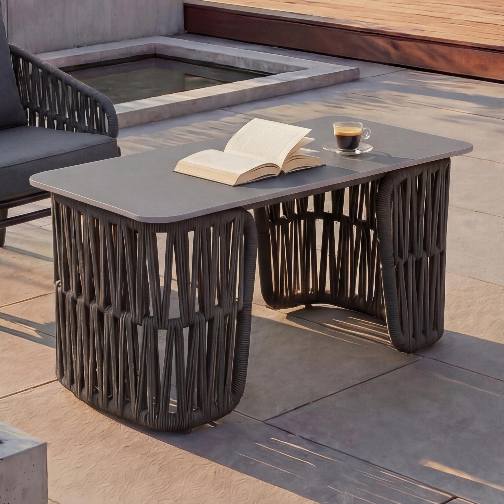 Loungetisch MCW-P90, Gartentisch Balkontisch Outdoor, Seilgeflecht Rope Sinterstein 43x90x45cm ~ anthrazit, Platte grau
