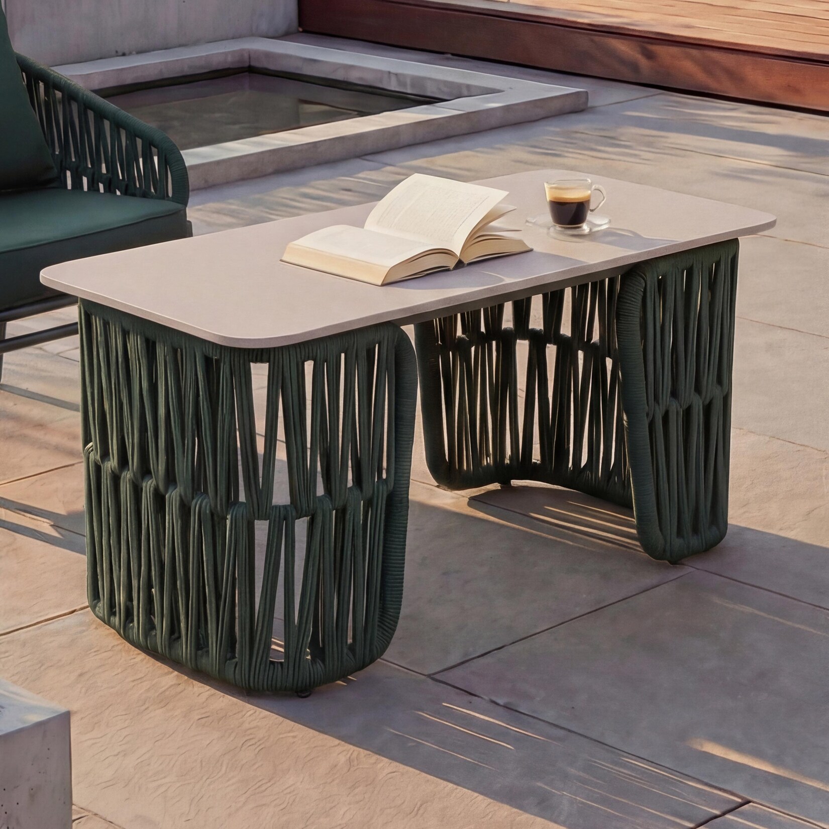 Loungetisch MCW-P90, Gartentisch Balkontisch Outdoor, Seilgeflecht Rope Sinterstein 43x90x45cm ~ grün, Platte creme