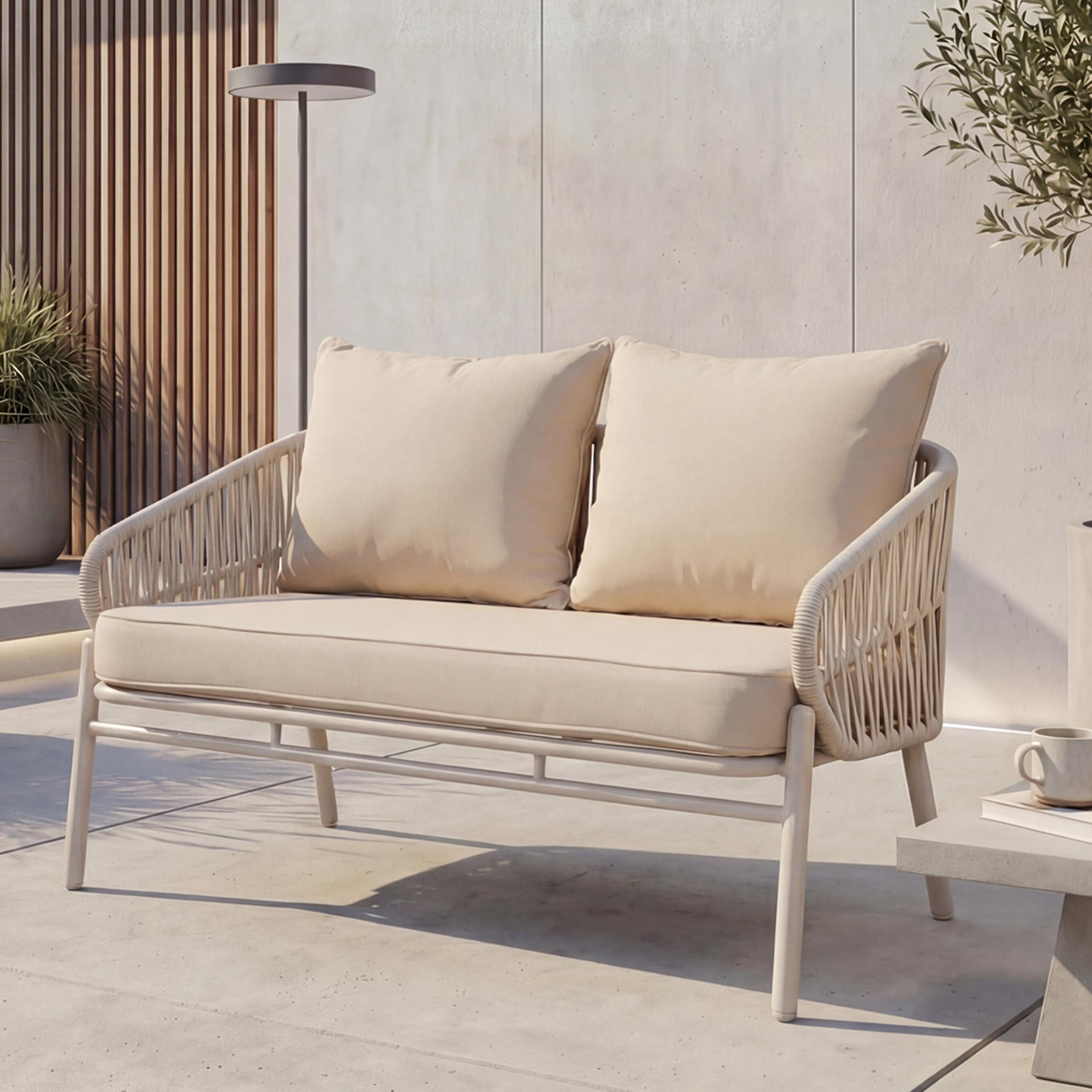Aluminium-Gartenbank MCW-P90, Gartensofa Sitzbank Outdoor, Seilgeflecht Rope Stoff/Textil (180g/m&sup2;) ~ creme - Bild 1
