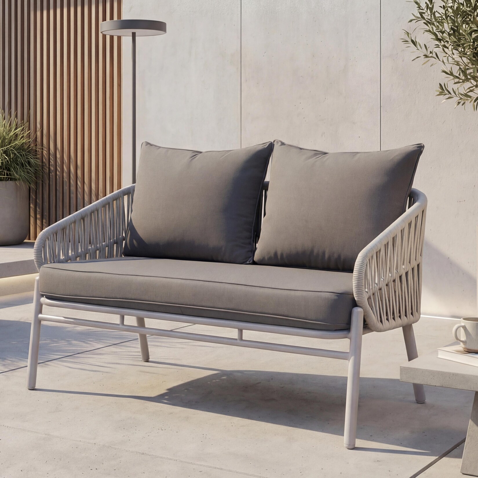 Aluminium-Gartenbank MCW-P90, Gartensofa Outdoor Sitzbank, Seilgeflecht Rope Stoff/Textil (180g/m²) ~ hellgrau