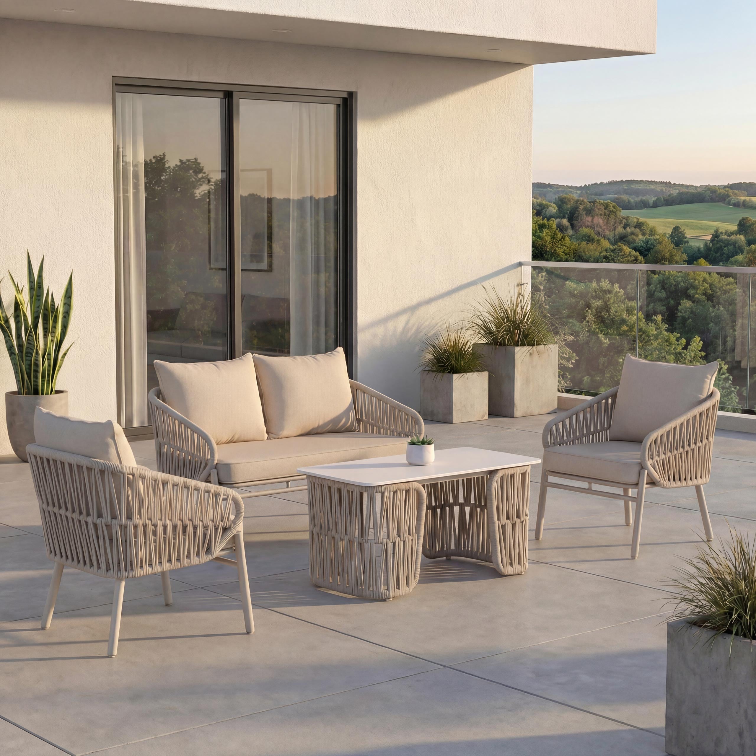 Gartengarnitur MCW-P90, Lounge-Set Gartenlounge Sofa Sessel Tisch, Seilgeflecht Rope Stoff/Textil (180g/m&sup2;) ~ creme - Bild 1