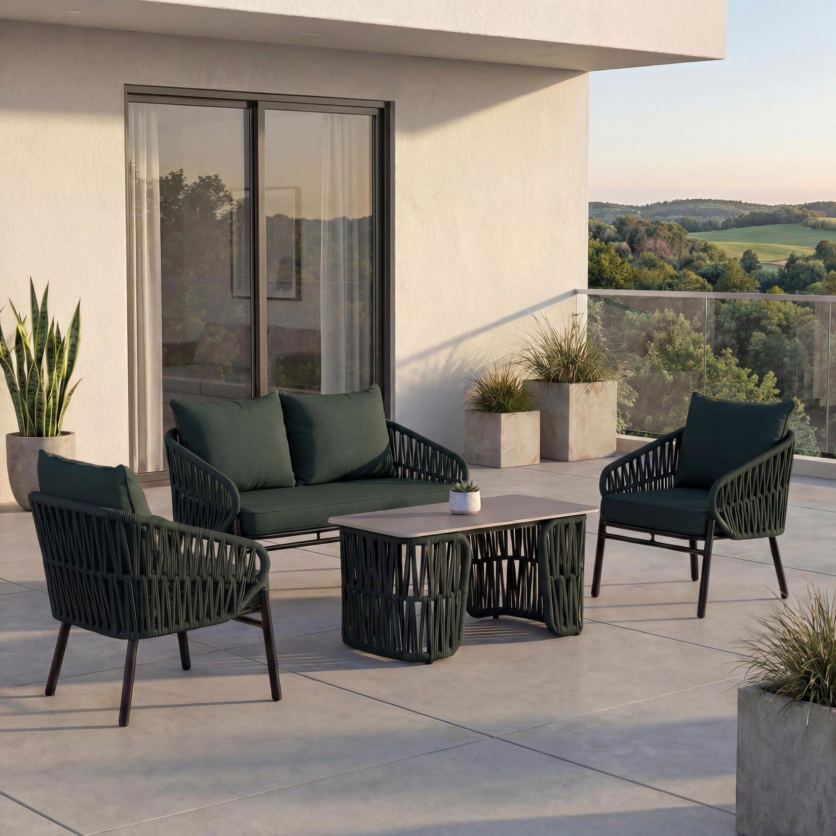 Gartengarnitur MCW-P90, Lounge-Set Gartenlounge Sofa Sessel Tisch, Seilgeflecht Rope Stoff/Textil (180g/m²) ~ grün