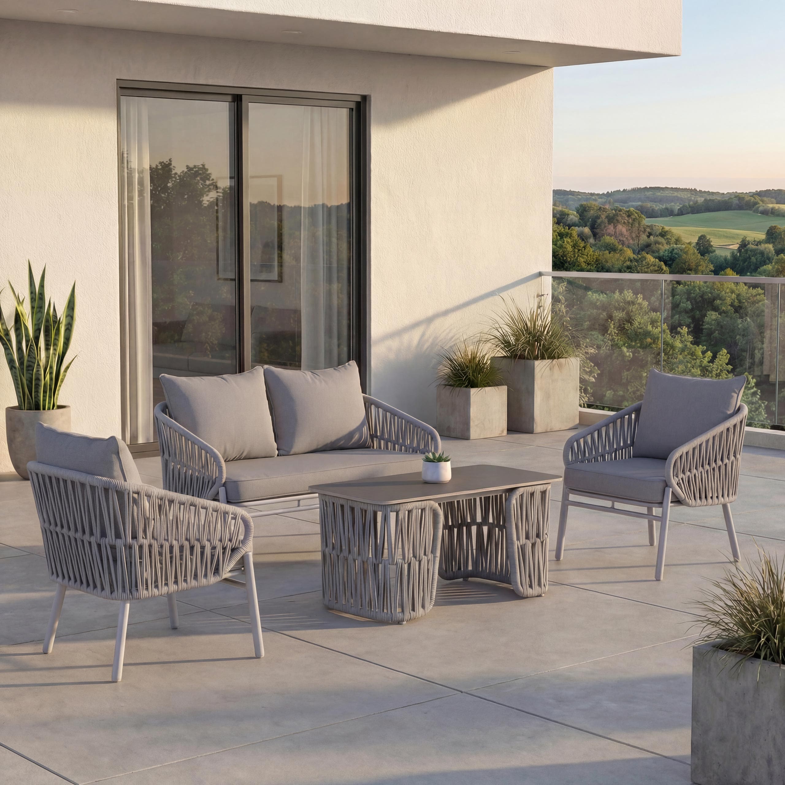 Gartengarnitur MCW-P90, Lounge-Set Gartenlounge Sofa Sessel Tisch, Seilgeflecht Rope Stoff/Textil (180g/m&sup2;) ~ hellgrau - Bild 1