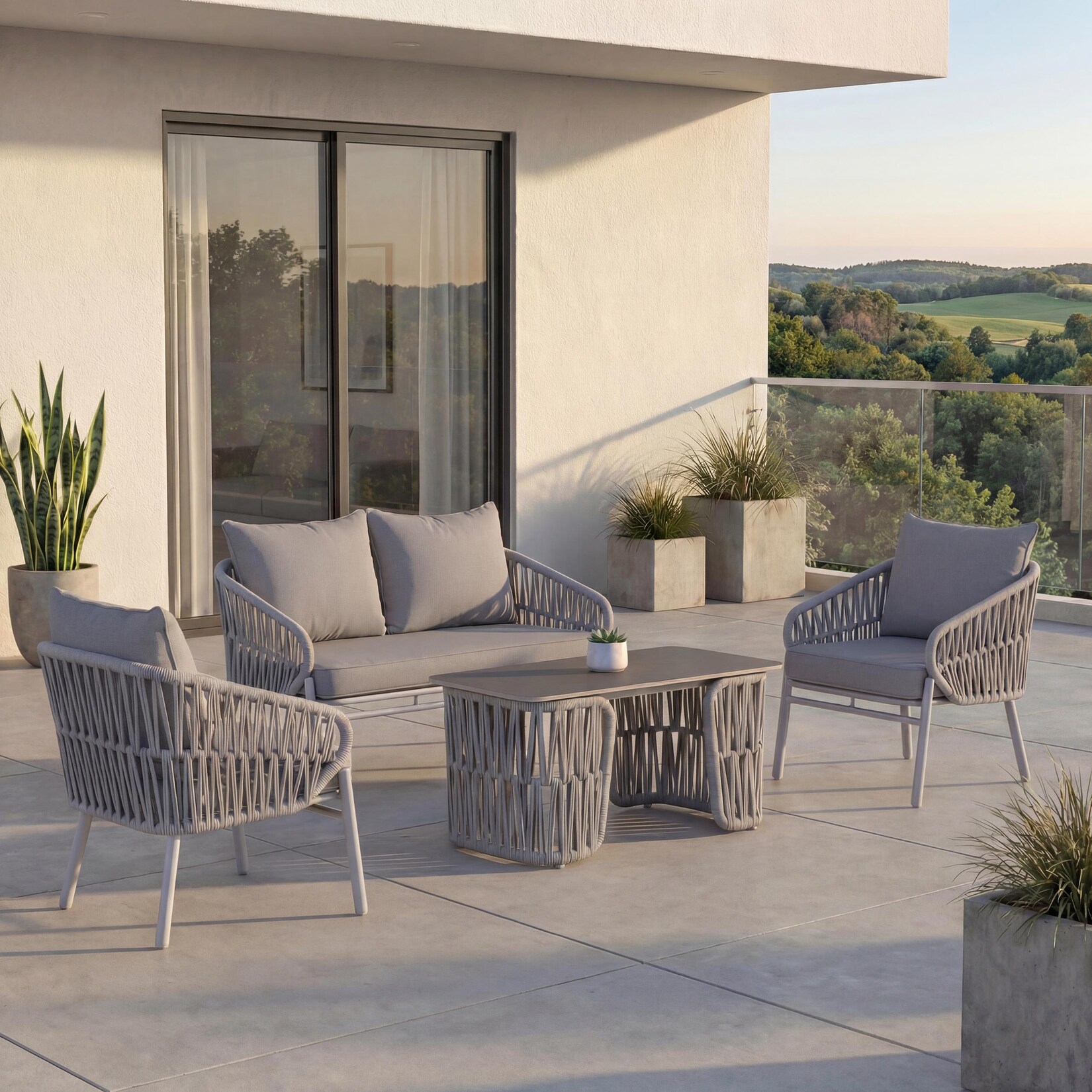Gartengarnitur MCW-P90, Lounge-Set Gartenlounge Sofa Sessel Tisch, Seilgeflecht Rope Stoff/Textil (180g/m²) ~ hellgrau