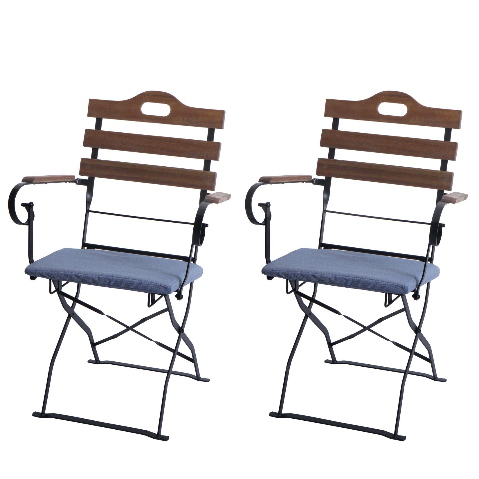 2er-Set Biergartenstuhl MCW-J40, Klappstuhl Gartenstuhl, Gastronomie-Qualität Akazie ~ hellbraun, Polster blau