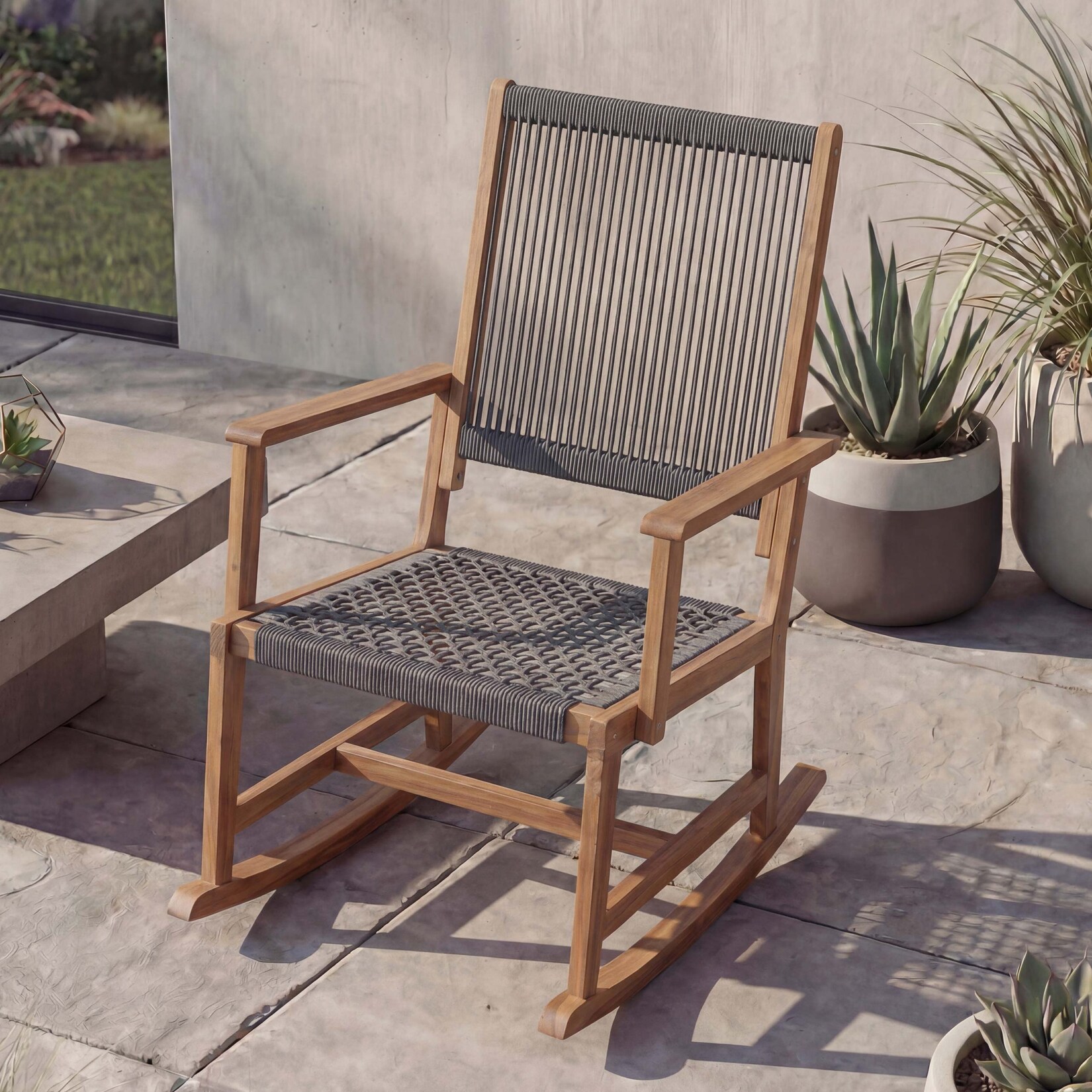 Schaukelstuhl MCW-P73, Garten Outdoor Wippstuhl Relaxstuhl Schaukelliege, Akazie Holz Rope Seilgeflecht ~ grau