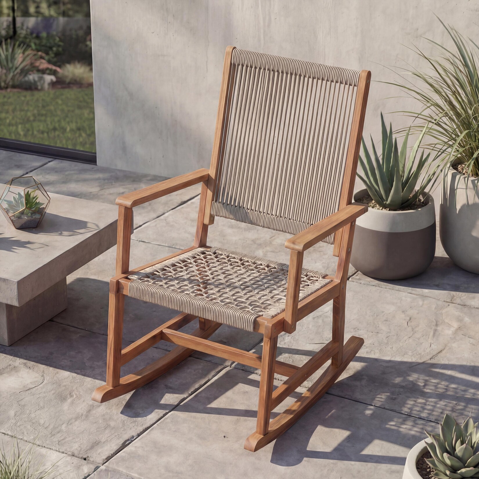 Schaukelstuhl MCW-P73, Garten Outdoor Wippstuhl Relaxstuhl Schaukelliege, Akazie Holz Rope Seilgeflecht ~ beige
