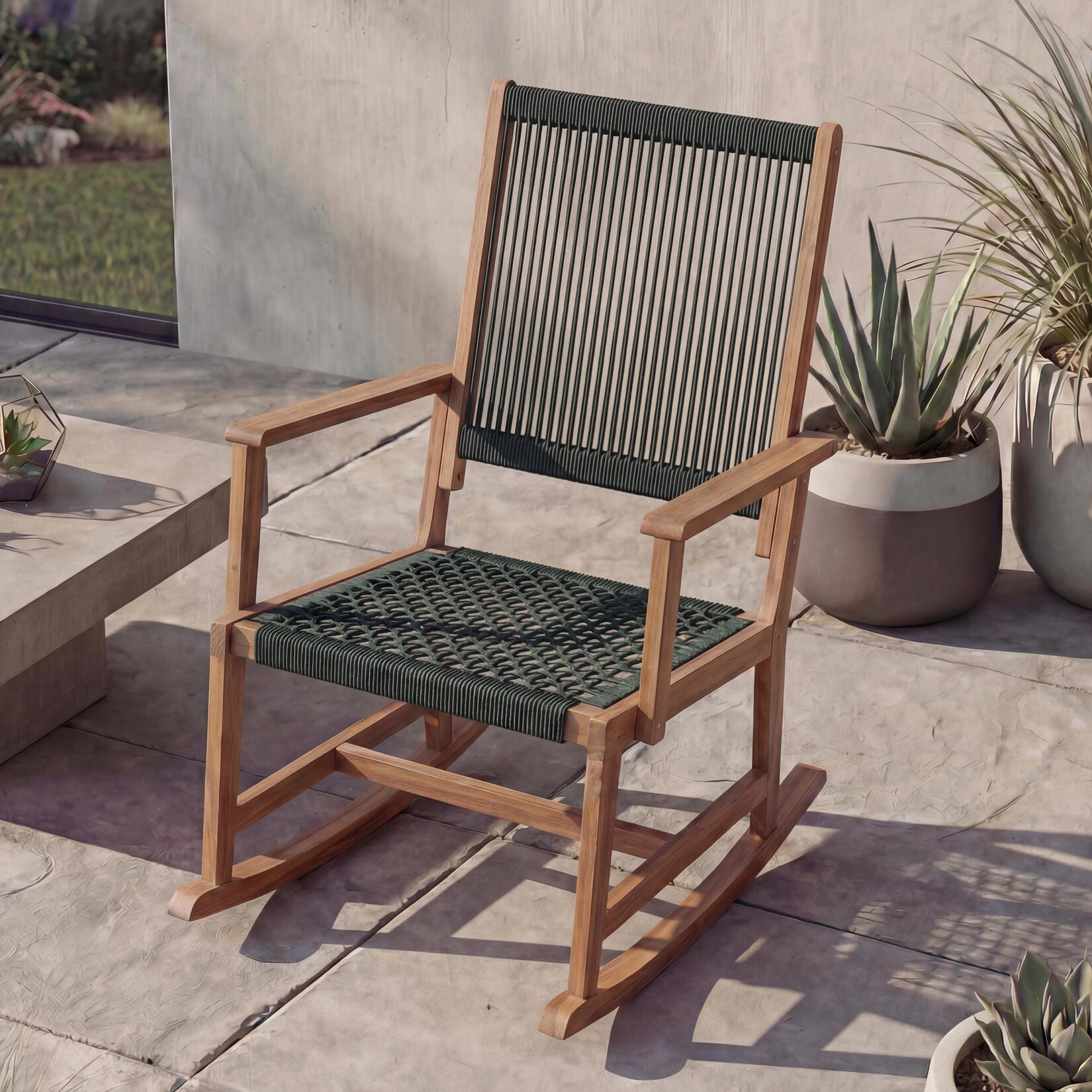 Schaukelstuhl MCW-P73, Garten Outdoor Wippstuhl Relaxstuhl Schaukelliege, Akazie Holz Rope Seilgeflecht ~ olivgrün
