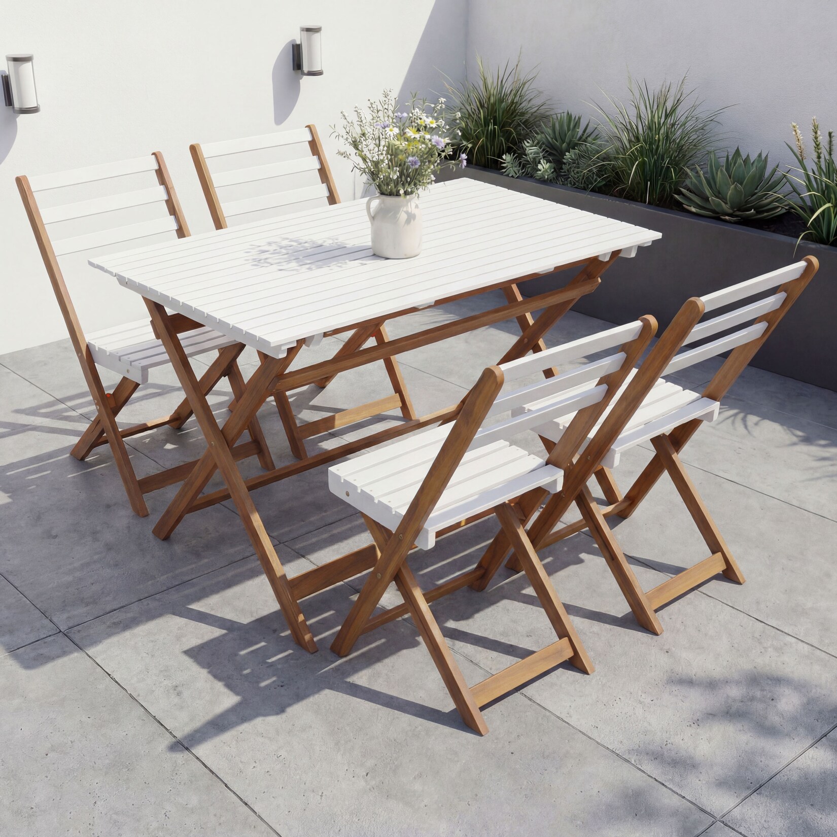 Garnitur MCW-P72, Sitzgruppe Lounge-Set Garten 4x Stuhl Tisch, Akazie Holz klappbar ~ natur-weiß