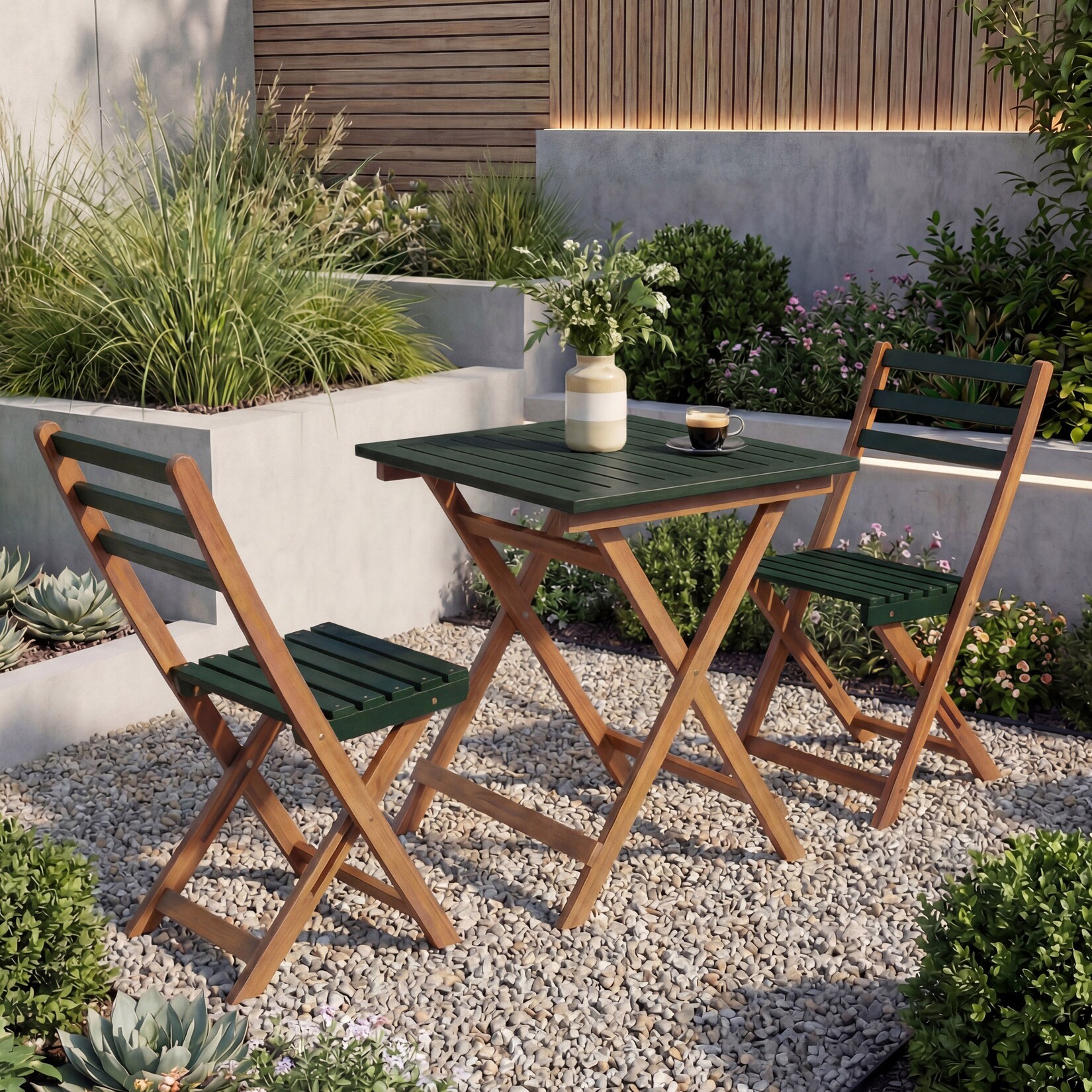 Garnitur MCW-P71, Sitzgruppe Lounge-Set Garten 2x Stuhl Tisch, Akazie Holz klappbar ~ natur-grün
