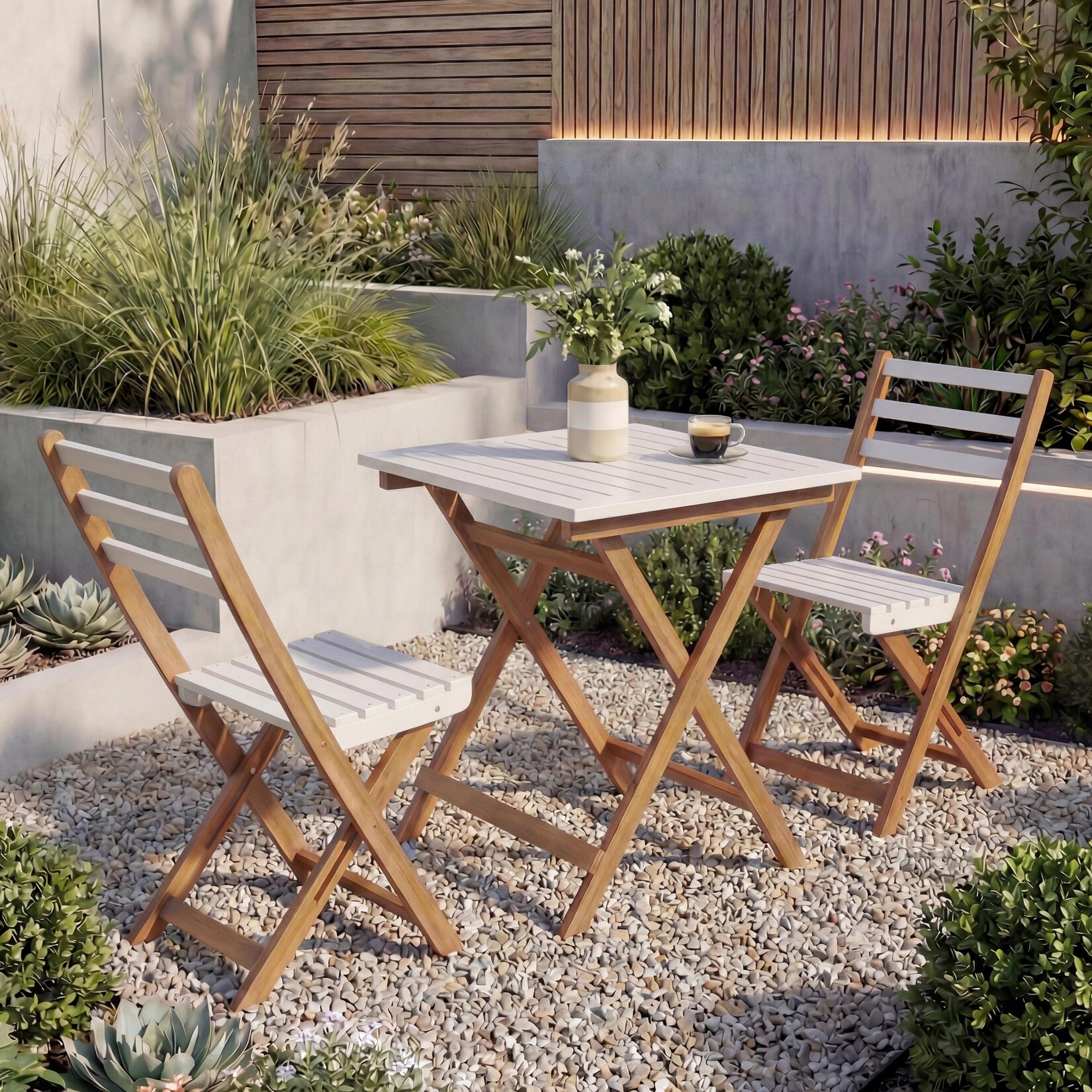 Garnitur MCW-P71, Sitzgruppe Lounge-Set Garten 2x Stuhl Tisch, Akazie Holz klappbar ~ natur-weiß
