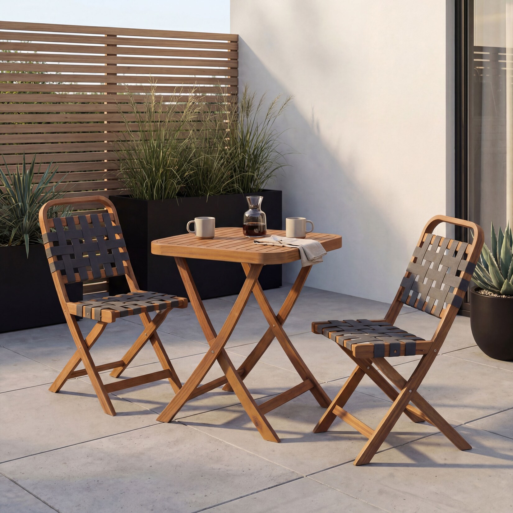 Garten-Set MCW-P70, Sitzgruppe Balkon-Set Garnitur 2x Stuhl Tisch, Seilgeflecht Akazie Holz klappbar ~ natur, grau