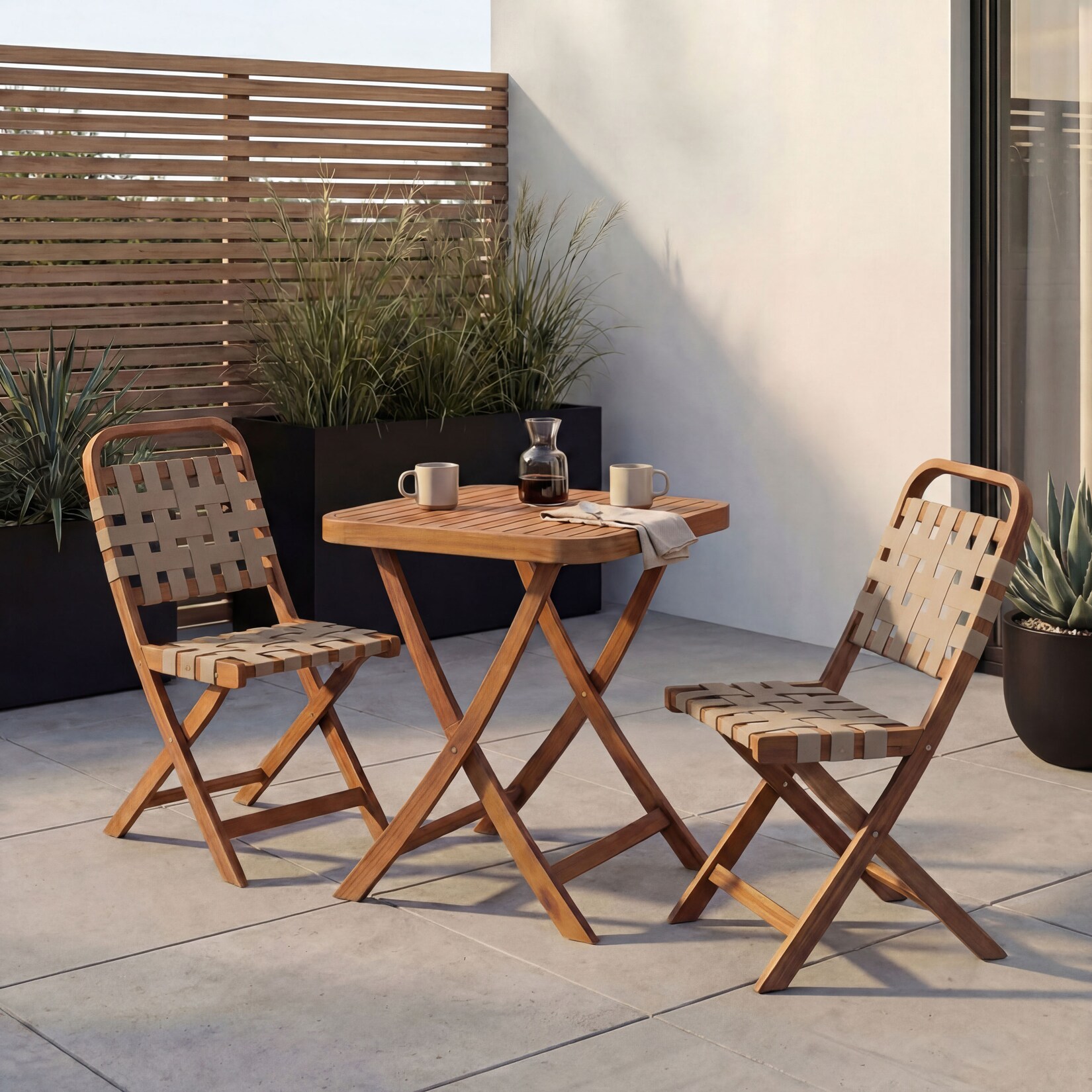 Garten-Set MCW-P70, Sitzgruppe Balkon-Set Garnitur 2x Stuhl Tisch, Seilgeflecht Akazie Holz klappbar ~ natur, creme