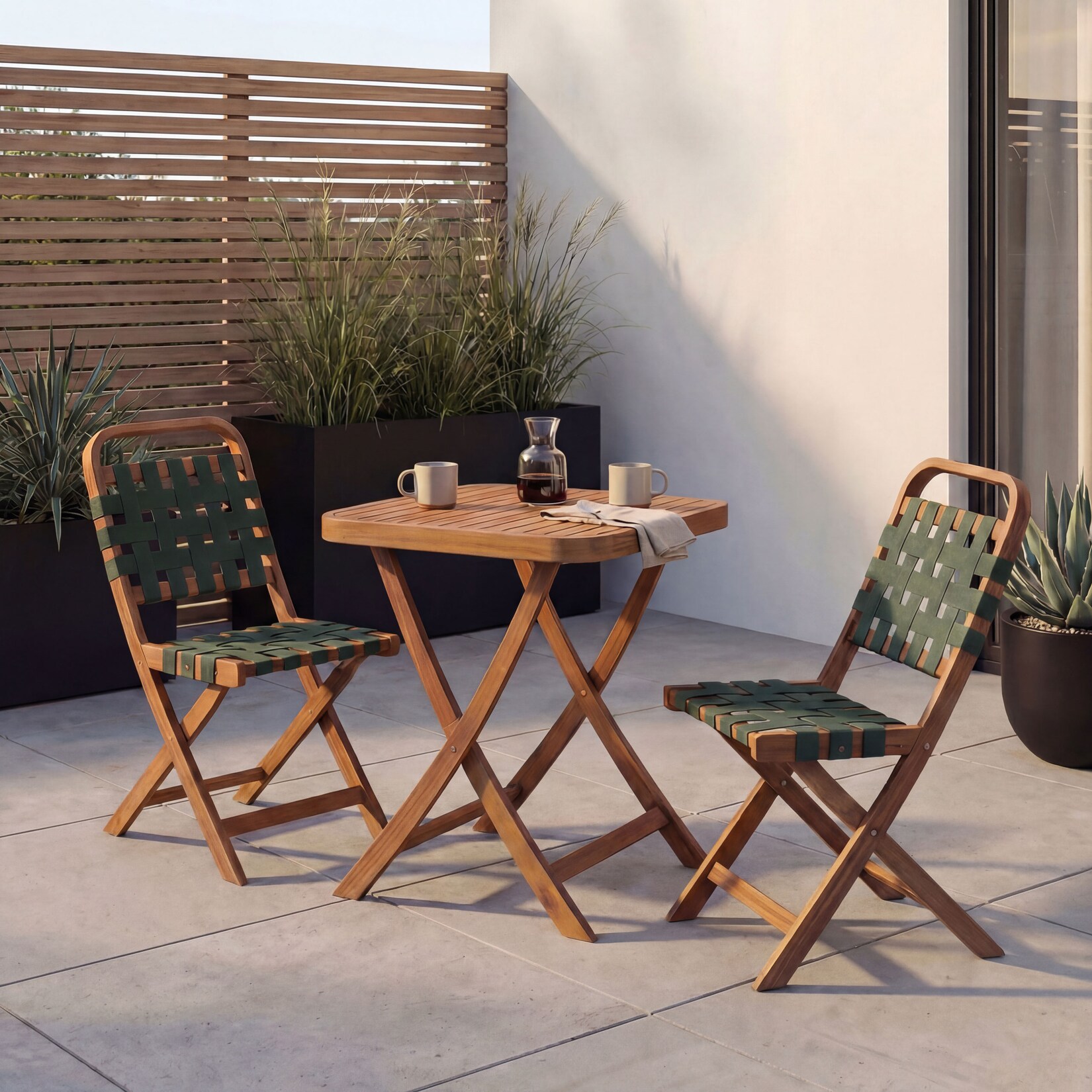Garten-Set MCW-P70, Sitzgruppe Balkon-Set Garnitur 2x Stuhl Tisch, Seilgeflecht Akazie Holz klappbar ~ natur, grün