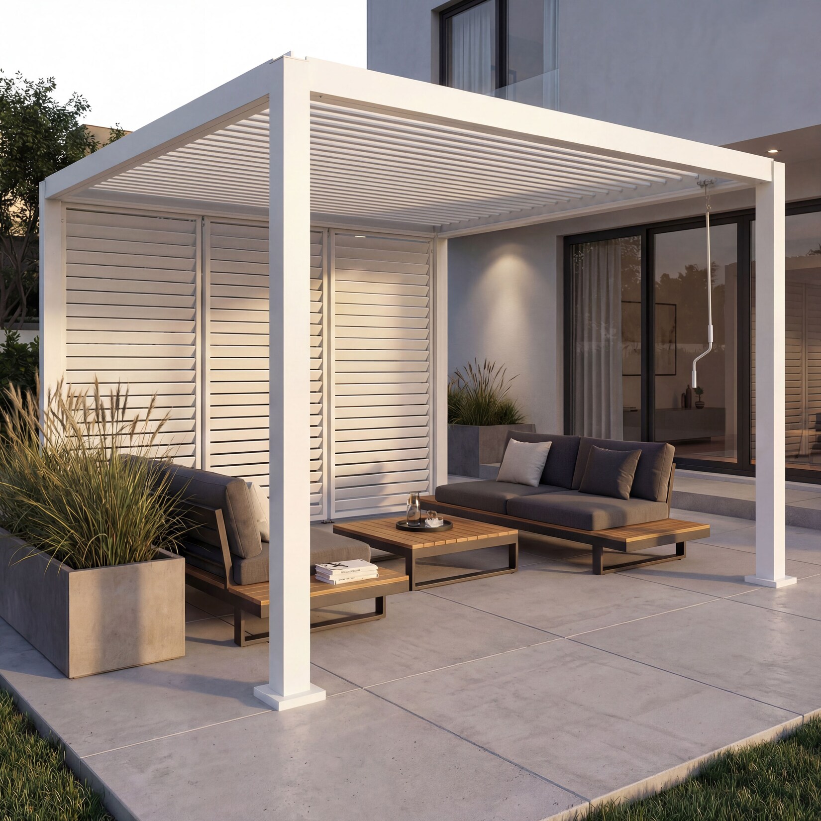 Pergola MCW-P65 mit 3x Lamellenwand, Terrassenüberdachung Garten Lamellen-Pavillon, 10cm-Alu-Gestell 3x3m ~ weiß